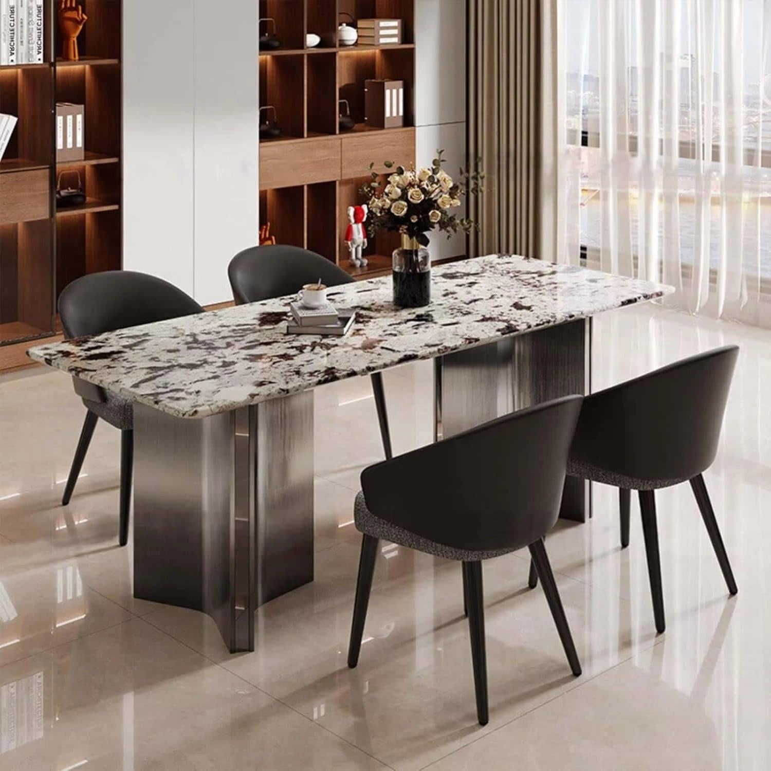 55” - 79” Modern Dinner Table with Marble Countertop & Luxury Textures (No Chair)