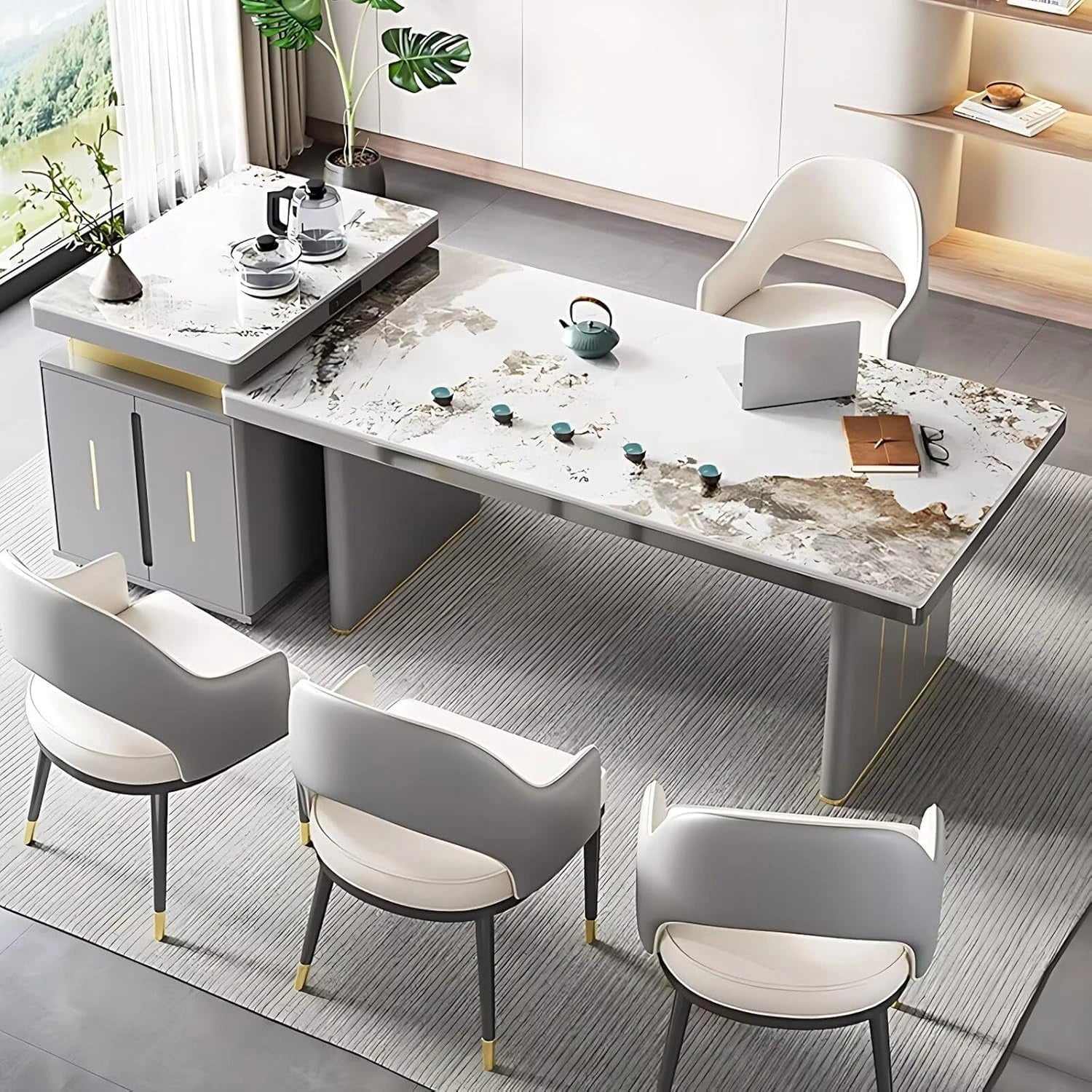 83” - 98” Light Luxury Kitchen Island with Gold Stripes Decoration (No Chair)