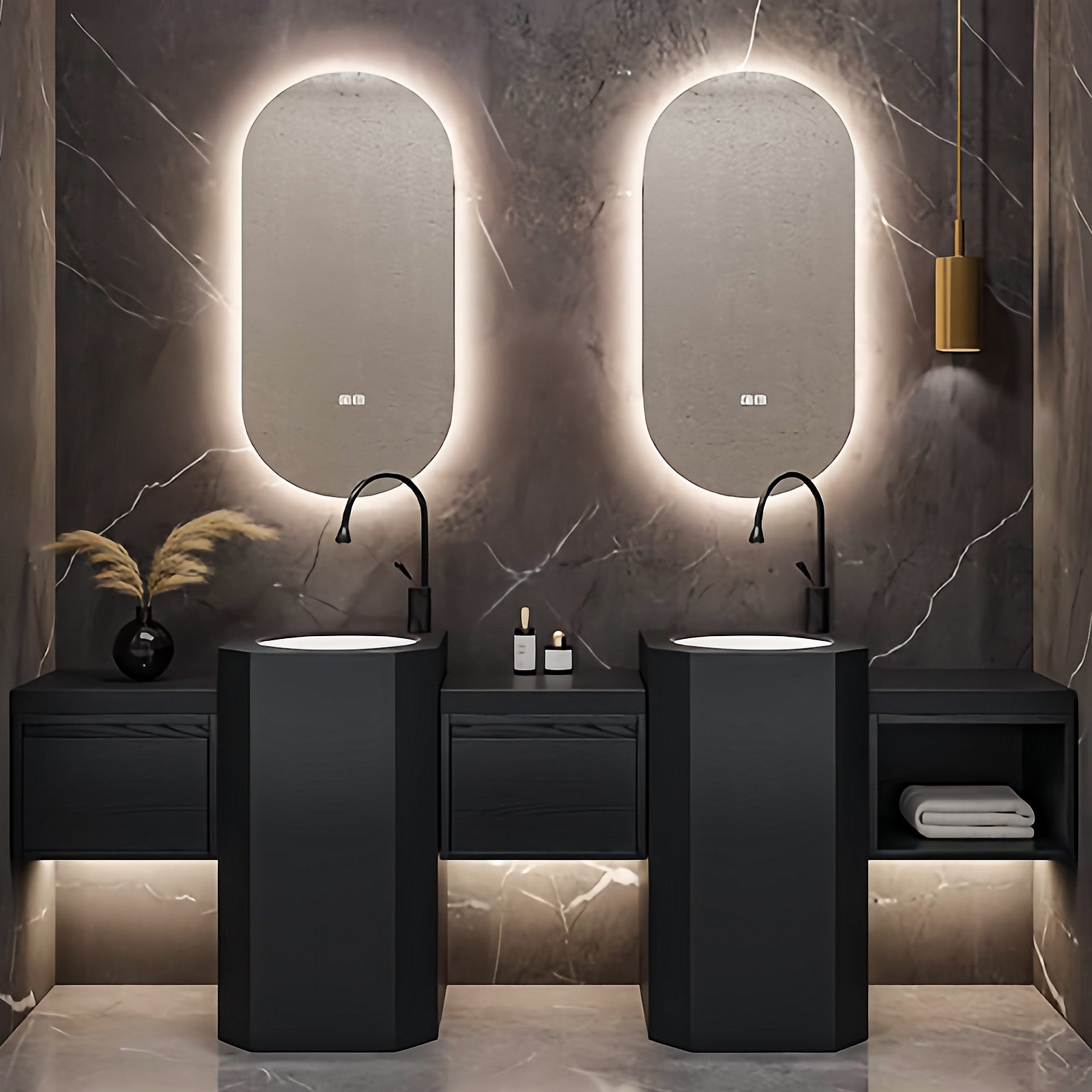 72"- 100" Bathroom Vanity With Oval Smart Mirror  and Double Sink