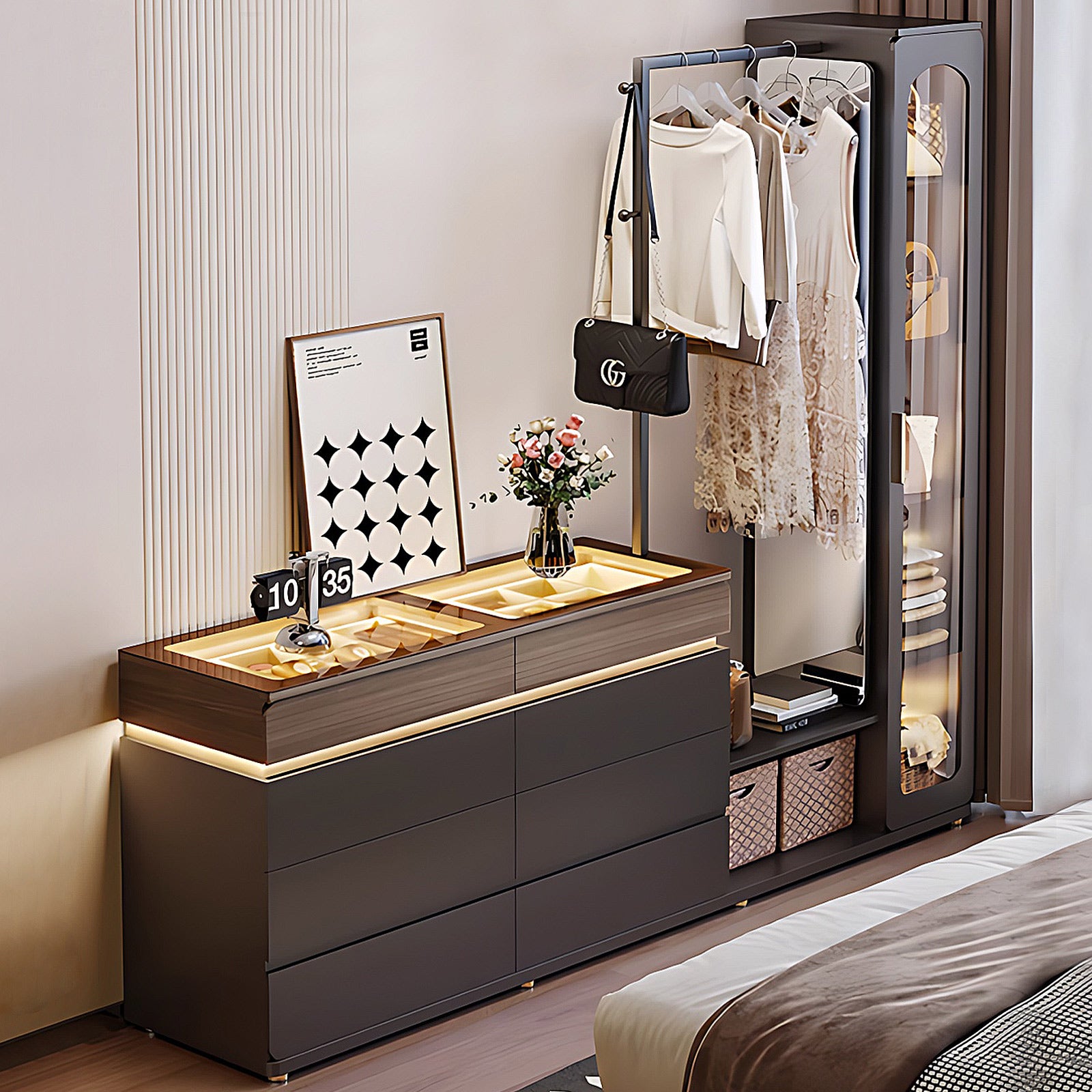 Modern Bed End Storage Cabinet with Clothes Rack, Luxury Small-Space Bedroom Dresser with Glass Top for Jewelry/Watches and LED Light Strip, Multi-Functional Coat Rack with Large Capacity Storage Unit