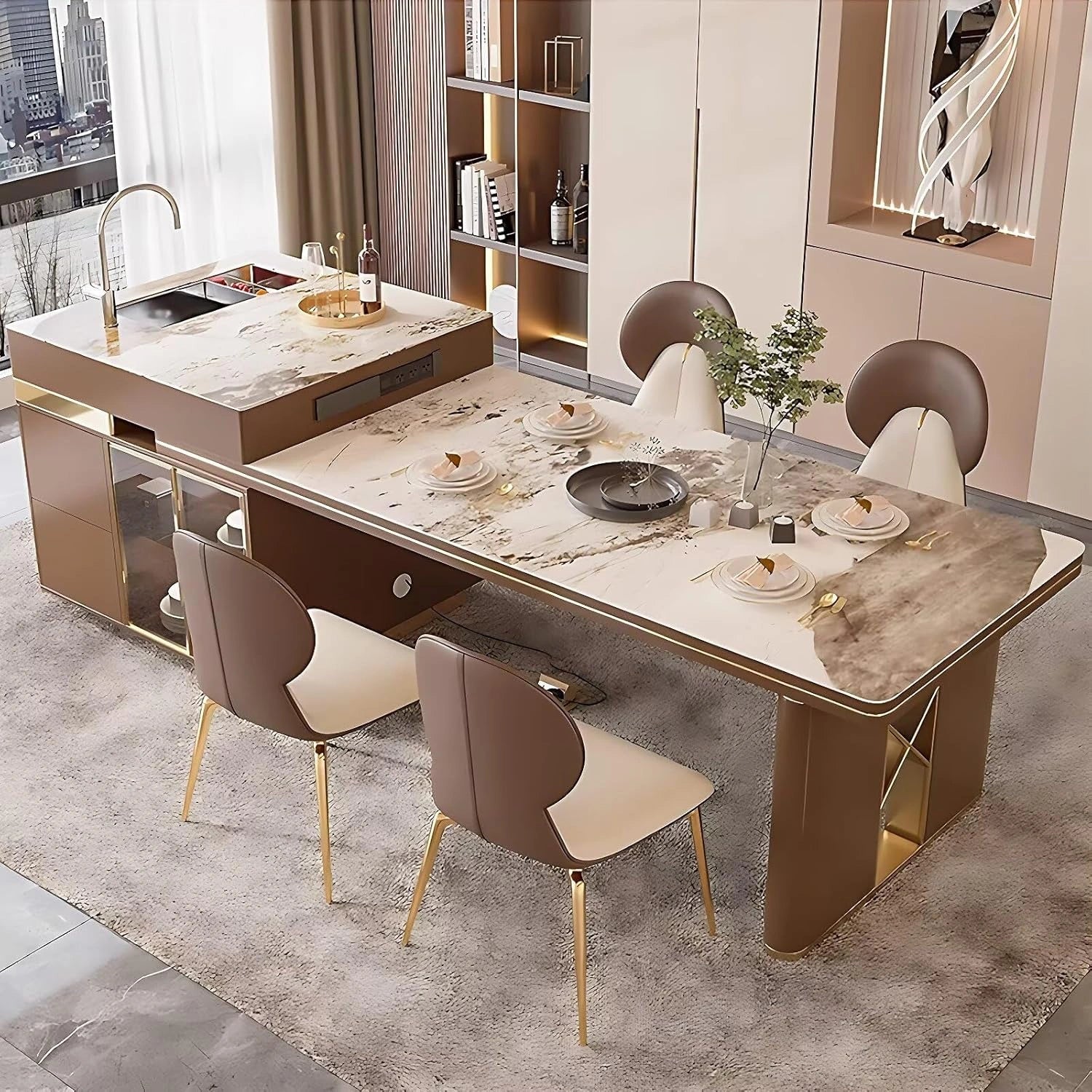 67” - 83” Elegant Modern Kitchen Island with Patterned Slate Tabletop (No Chair)