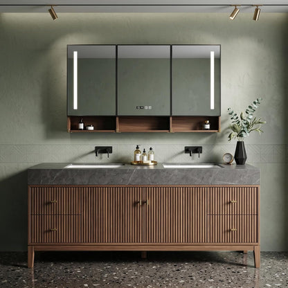 52‘’-110‘’ Freestanding Bathroom Vanity Sinks Set Includes  Vertical Slats,Walnut Wood Veneer