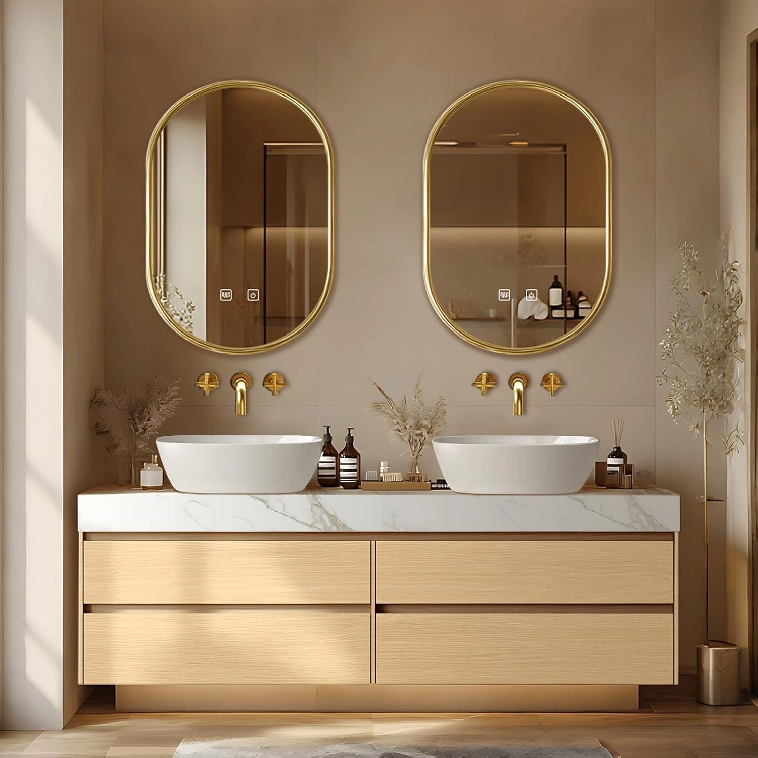 60” – 96” Exquisite Floating Bathroom Vanity Includes Above Counter Sinks & Irregular Mirror