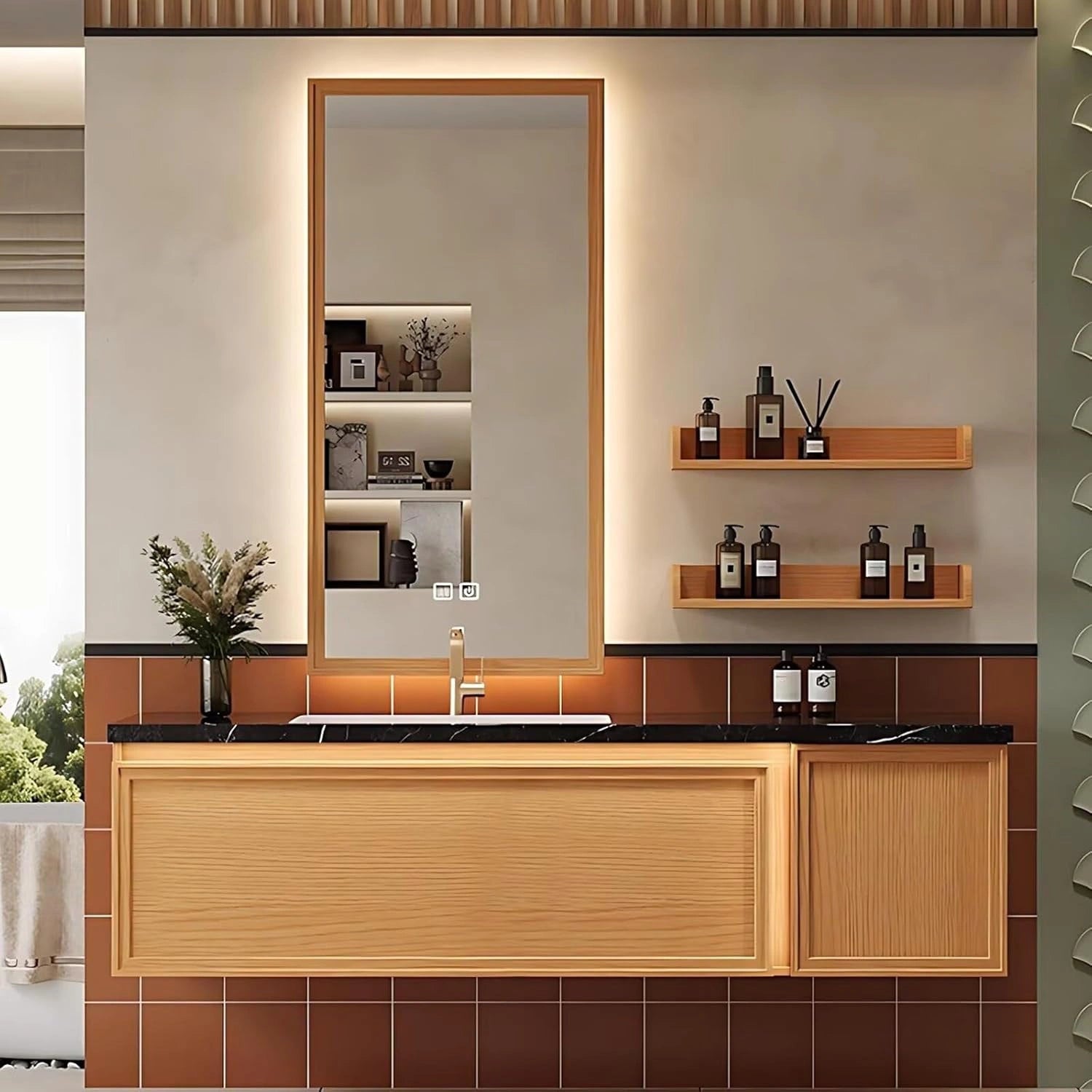 60” – 76” Wood Grain Bathroom Vanity with Open Storage Shelves