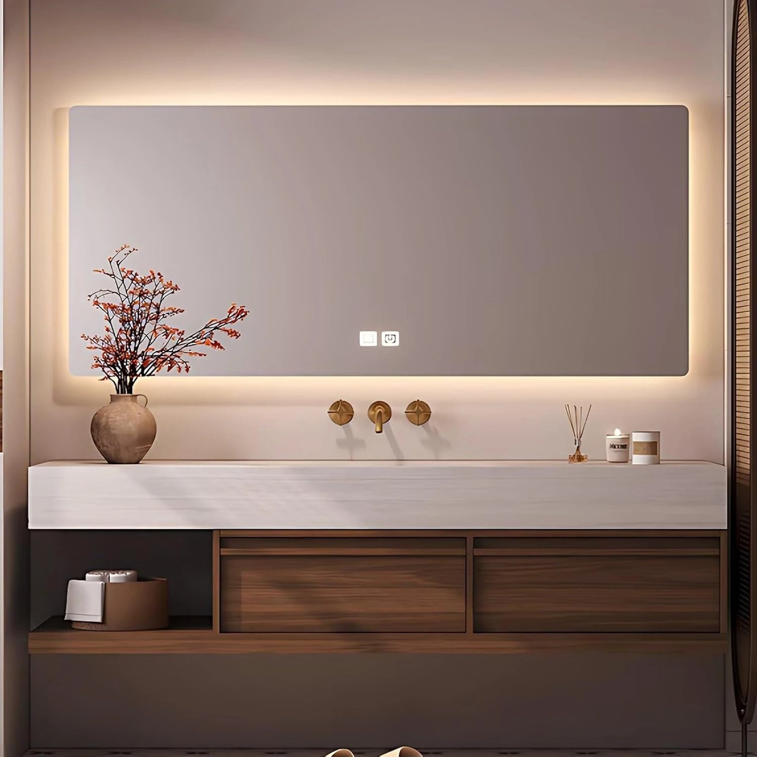 48” - 64” Natural Elegant Bathroom Vanity Includes Medieval Style & Square Mirror