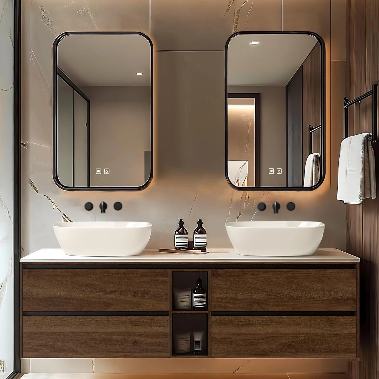 60” - 78” Elegant Log Bathroom Vanity with Hidden Handle & Irregular Smart Mirror