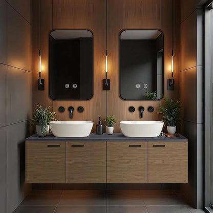 60” - 84” Brown Practical Bathroom Vanity with Black Slate Countertop and Wood Grain Cabinet