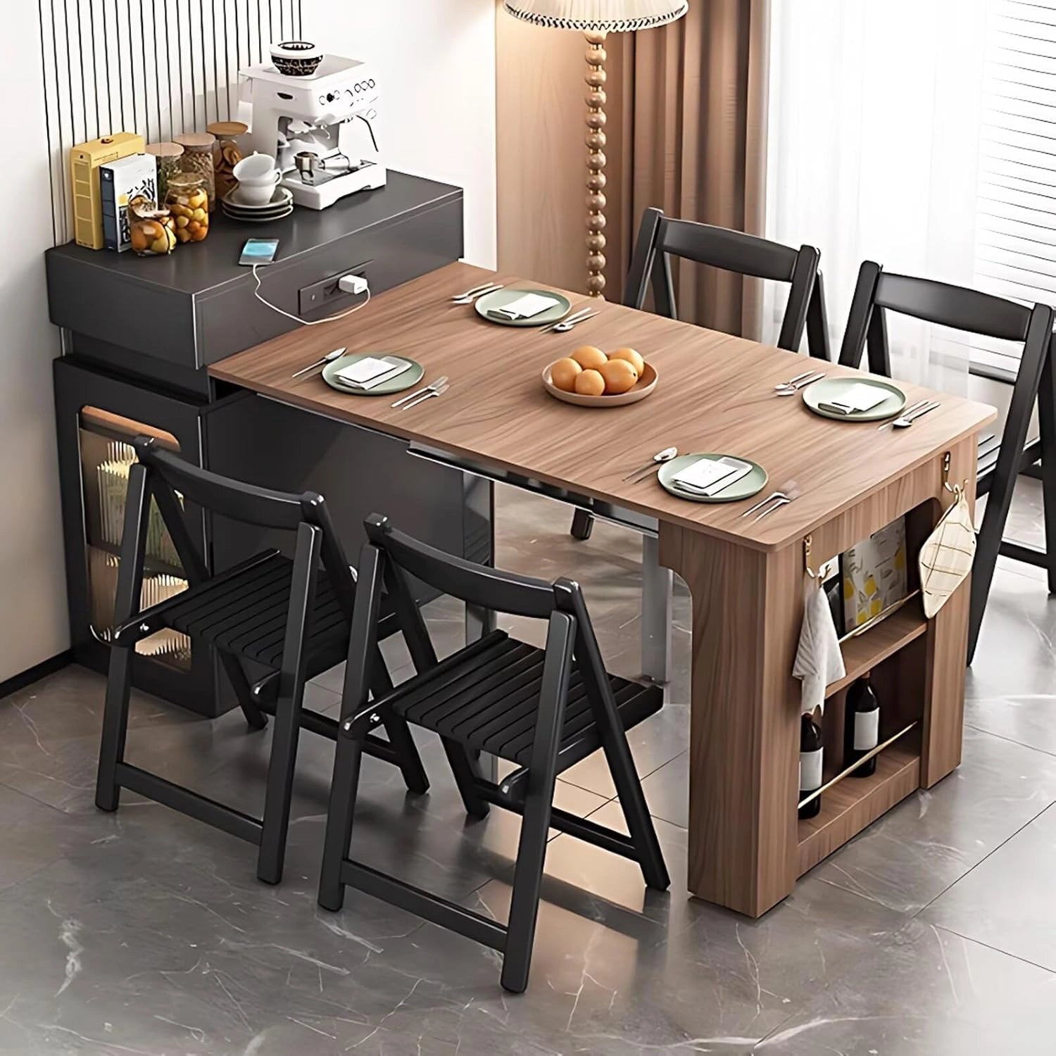 81” Retro Practical Kitchen Island with Striped Glass Cabinet Door (No Chair)