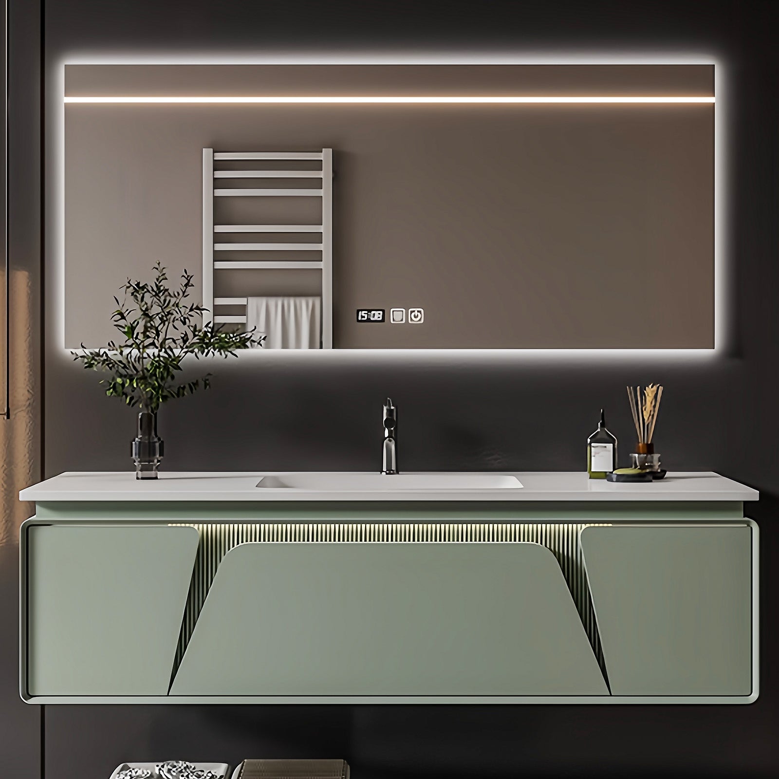 48"- 64" Floating Bathroom Vanity Single Sink and Faucet With LED Smart Mirror