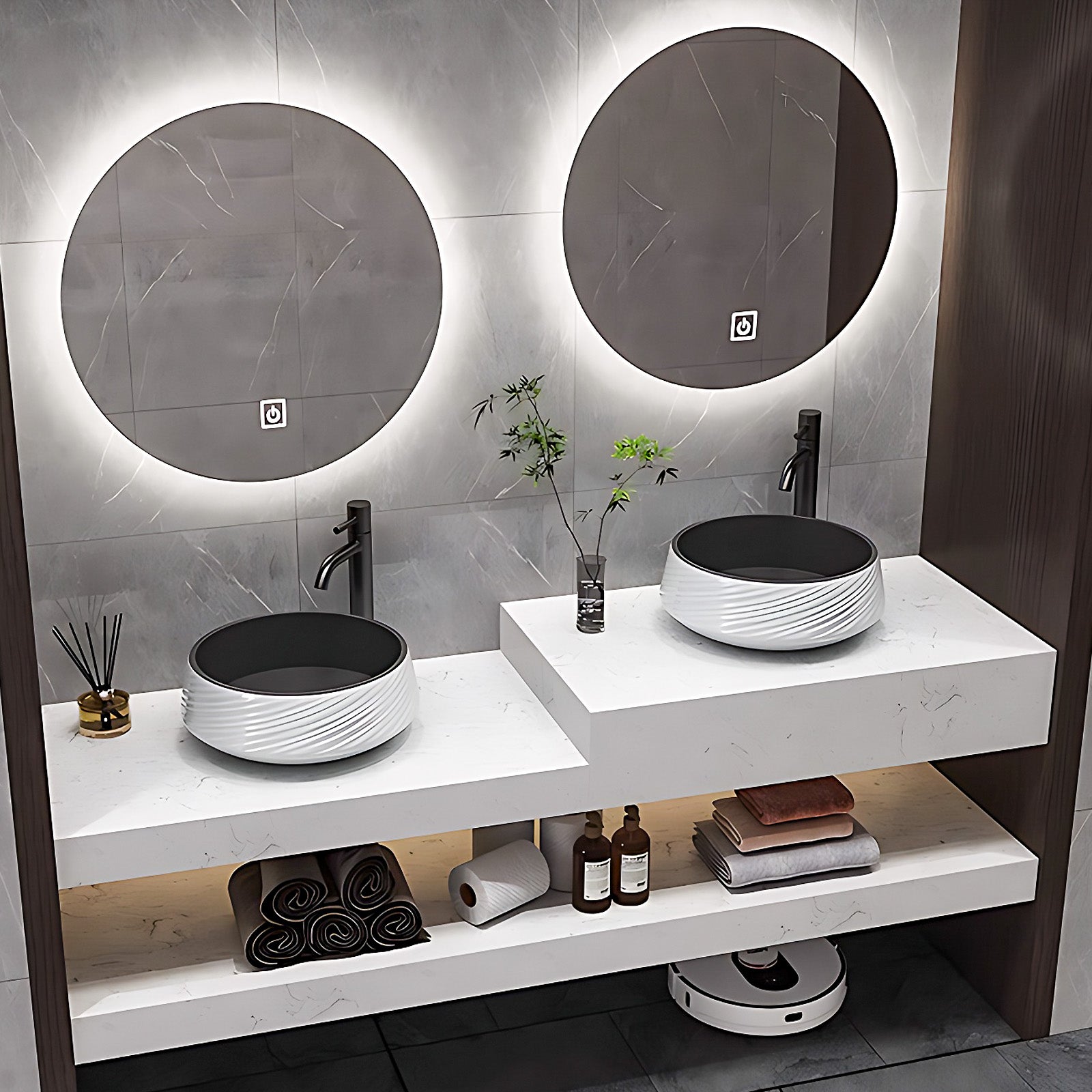 52"- 78" Bathroom Vanity Double Basin Floating Wall Mounted Round Mirror