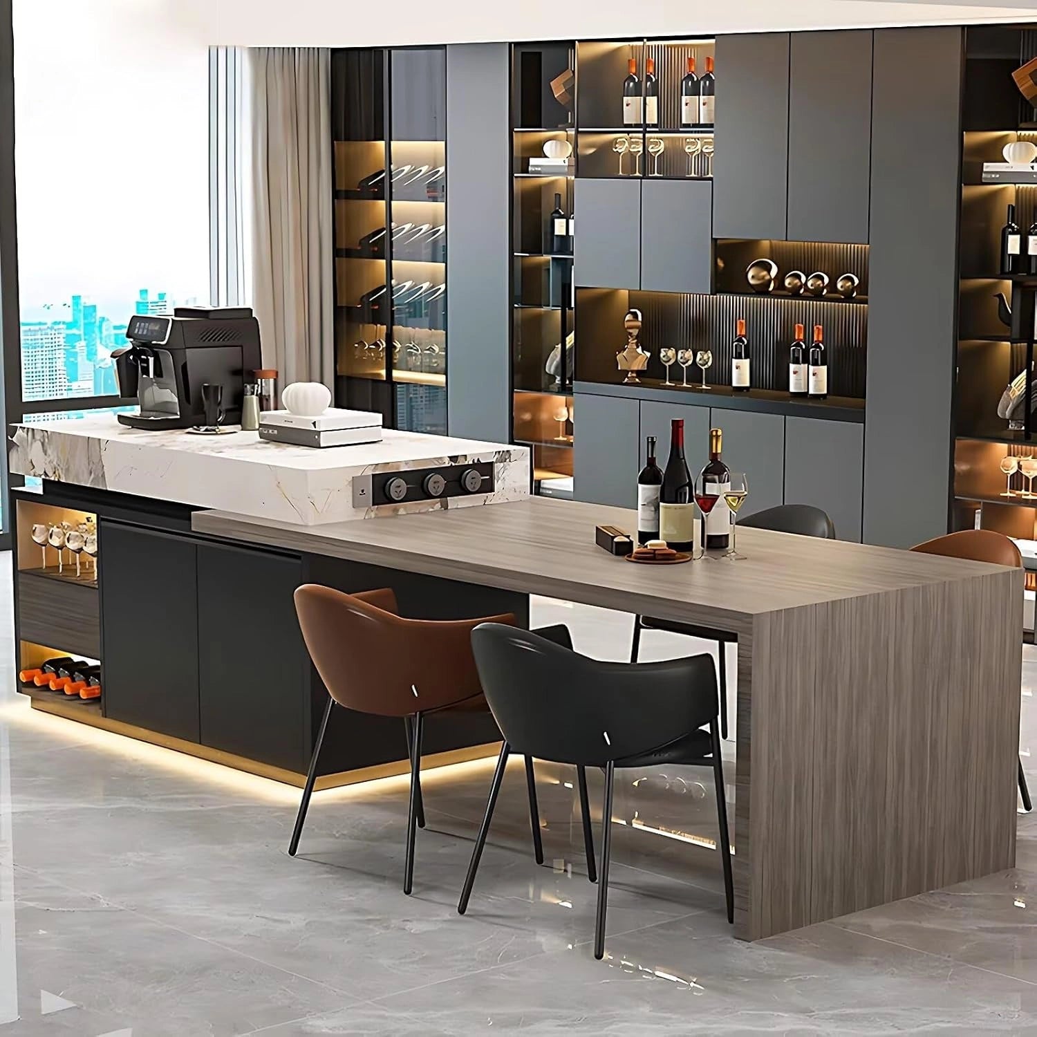 87” - 98” Kitchen Island with Atmosphere Light and Modern Design (No Chair)