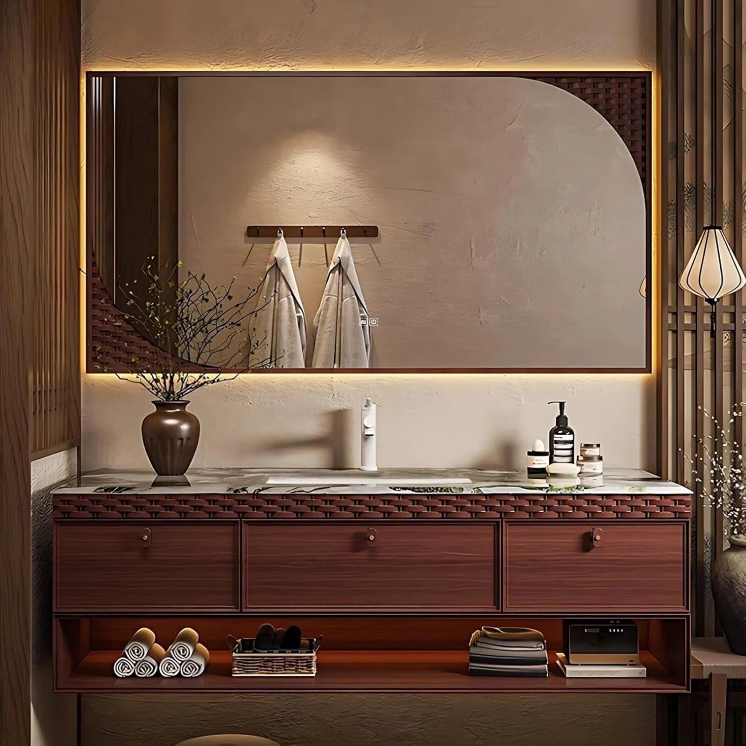 48” – 64” Floating Bathroom Vanity with Green Texture Countertop and Open Storage Shelf