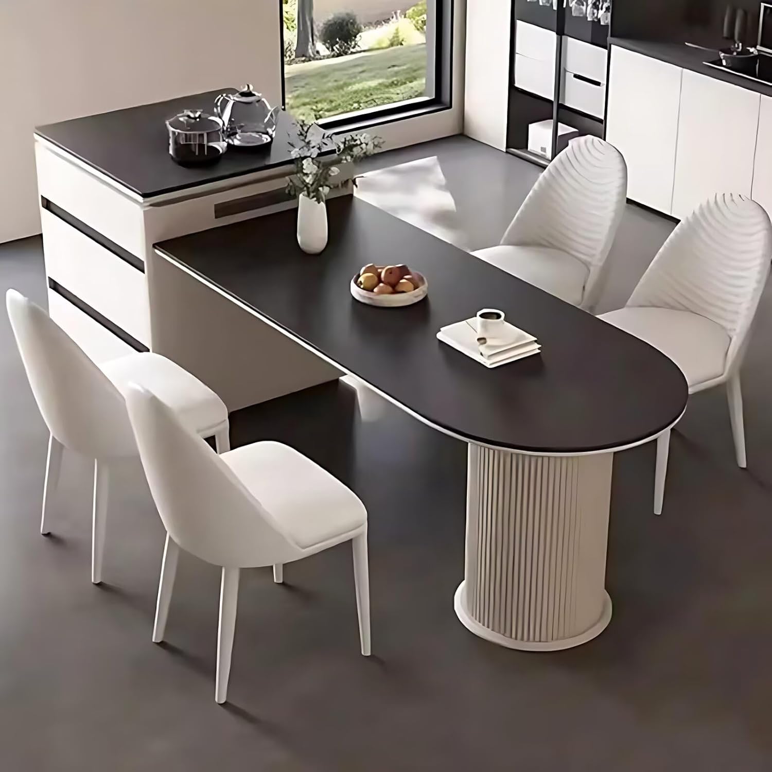 55" - 67" Elegant Cozy Kitchen Island with Cylindrical Striped Table Foot & Curved Tabletop (No Chair)