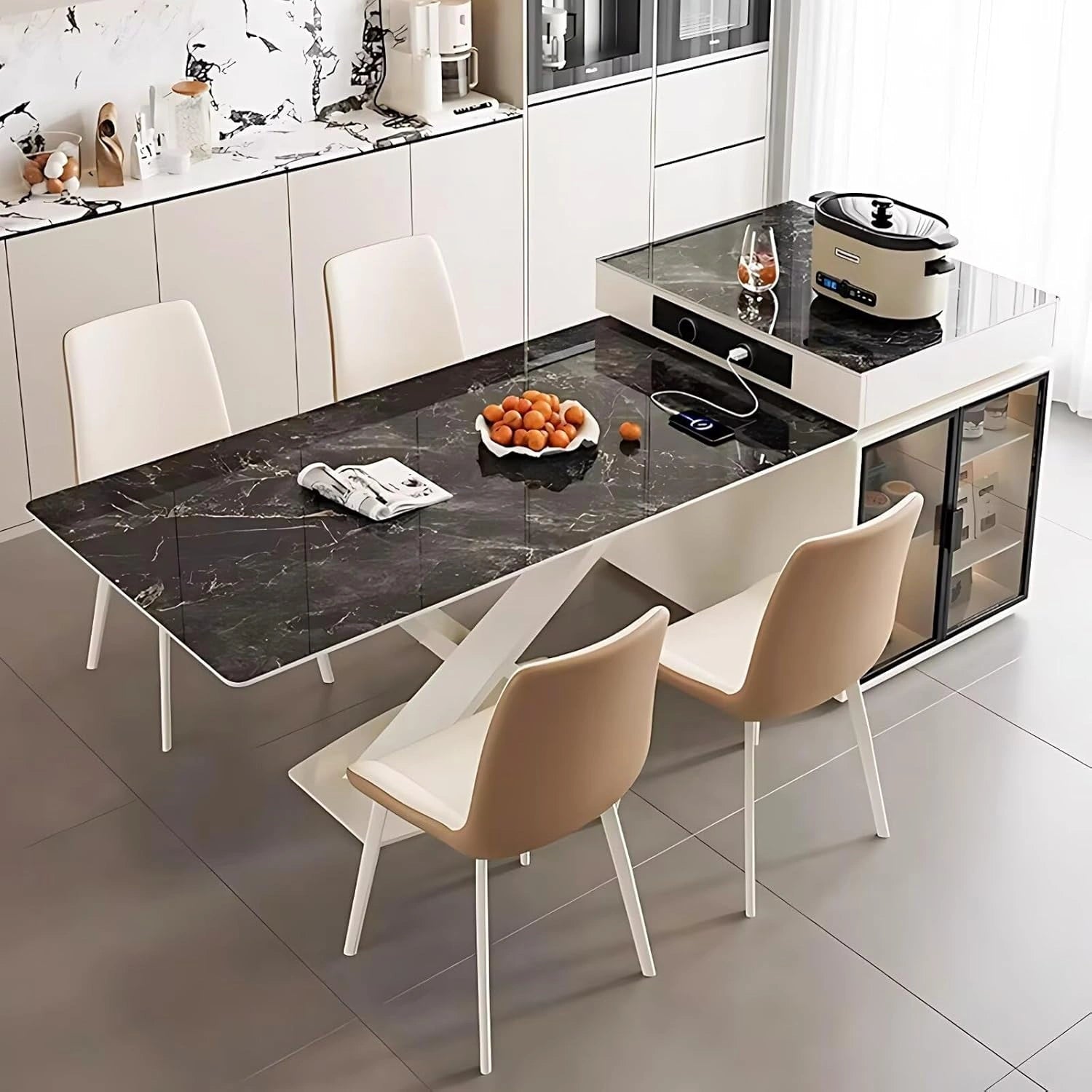 79” - 87” White Luxury Kitchen Island Includes Detachable Design & Sliding Rail Socket (No Chair)