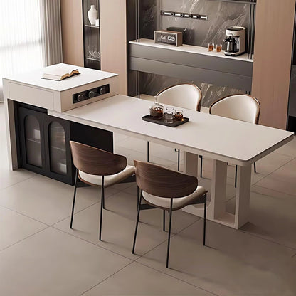 66” - 82” Simple Cozy Kitchen Island Includes Unique Hollow Design Base & Glass Cabinet (No Chair)
