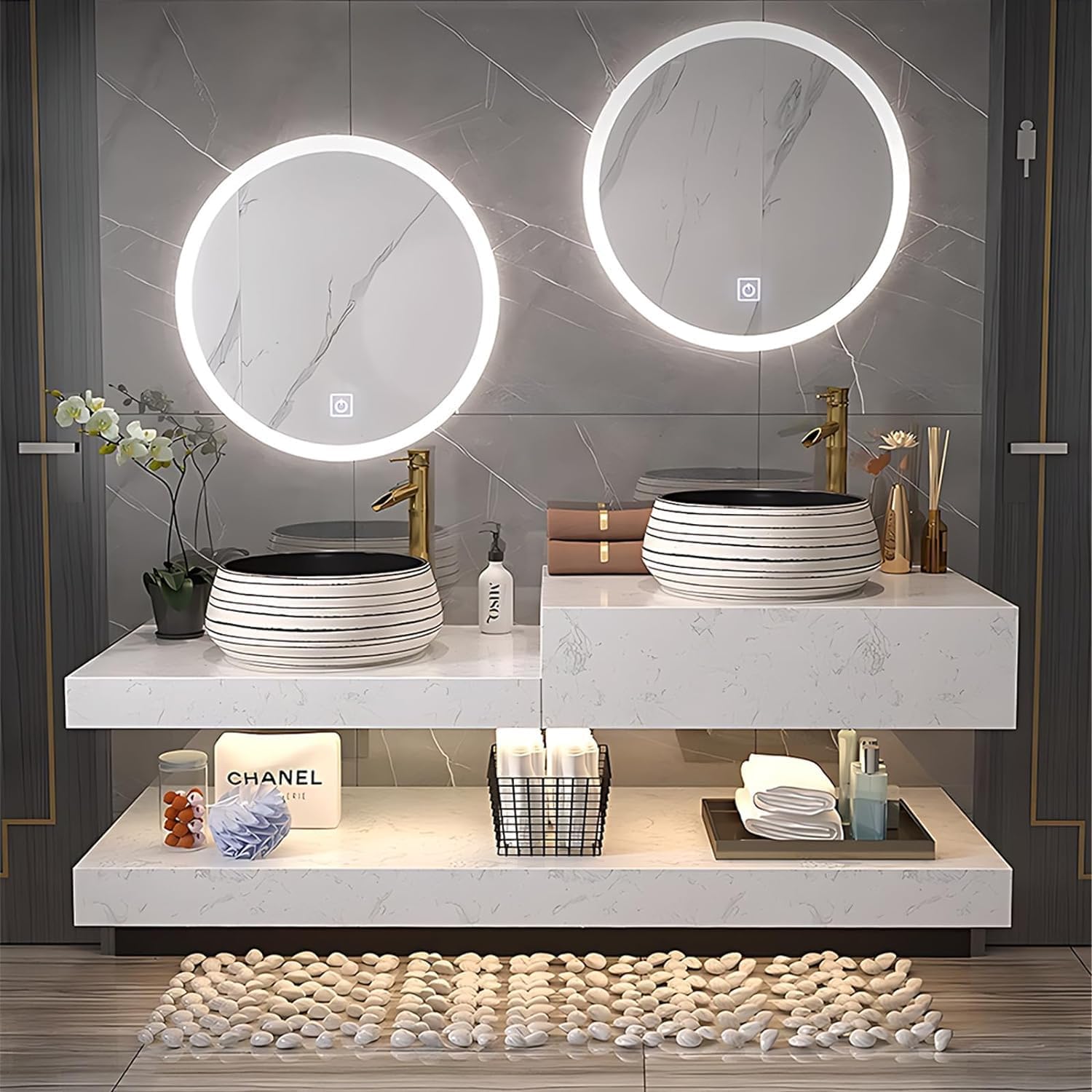 48'' White Bathroom Vanity with Handcrafted Basin &Round Mirror