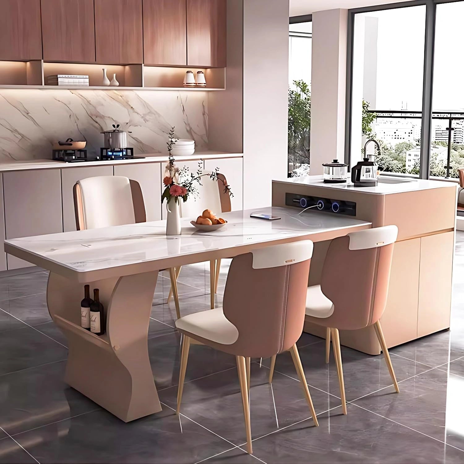 79” Brown Modern Kitchen Island Includes Open Shelf & Integrated Sink (No Chair)