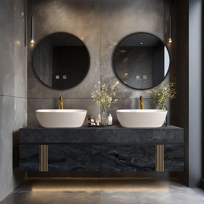60” - 78” Sophisticated Bathroom Vanity with Symmetrical Gold Line Storage Cabinet