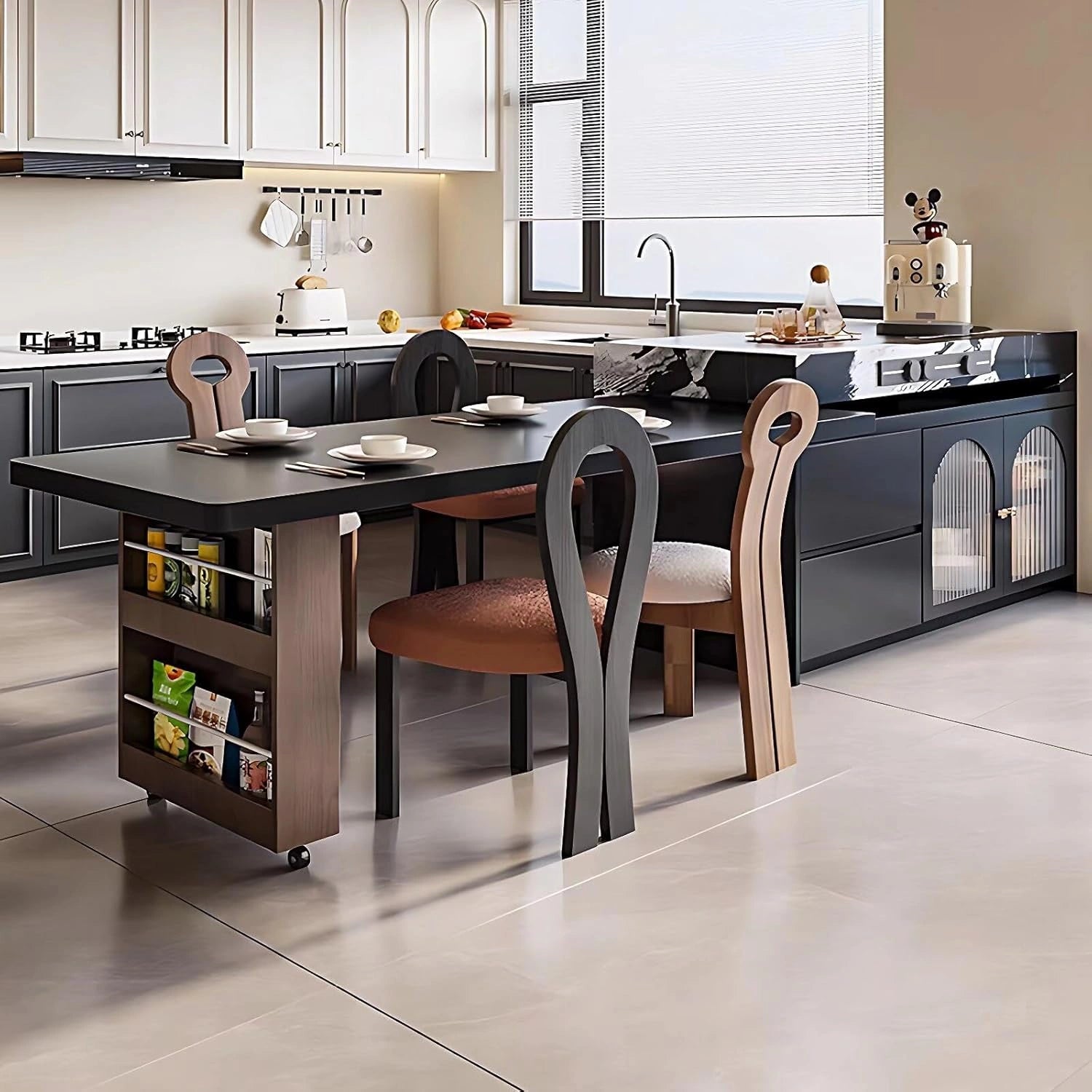 39” - 63” Black Simple Kitchen Island with Unique Pattern Countertop (No Chair)