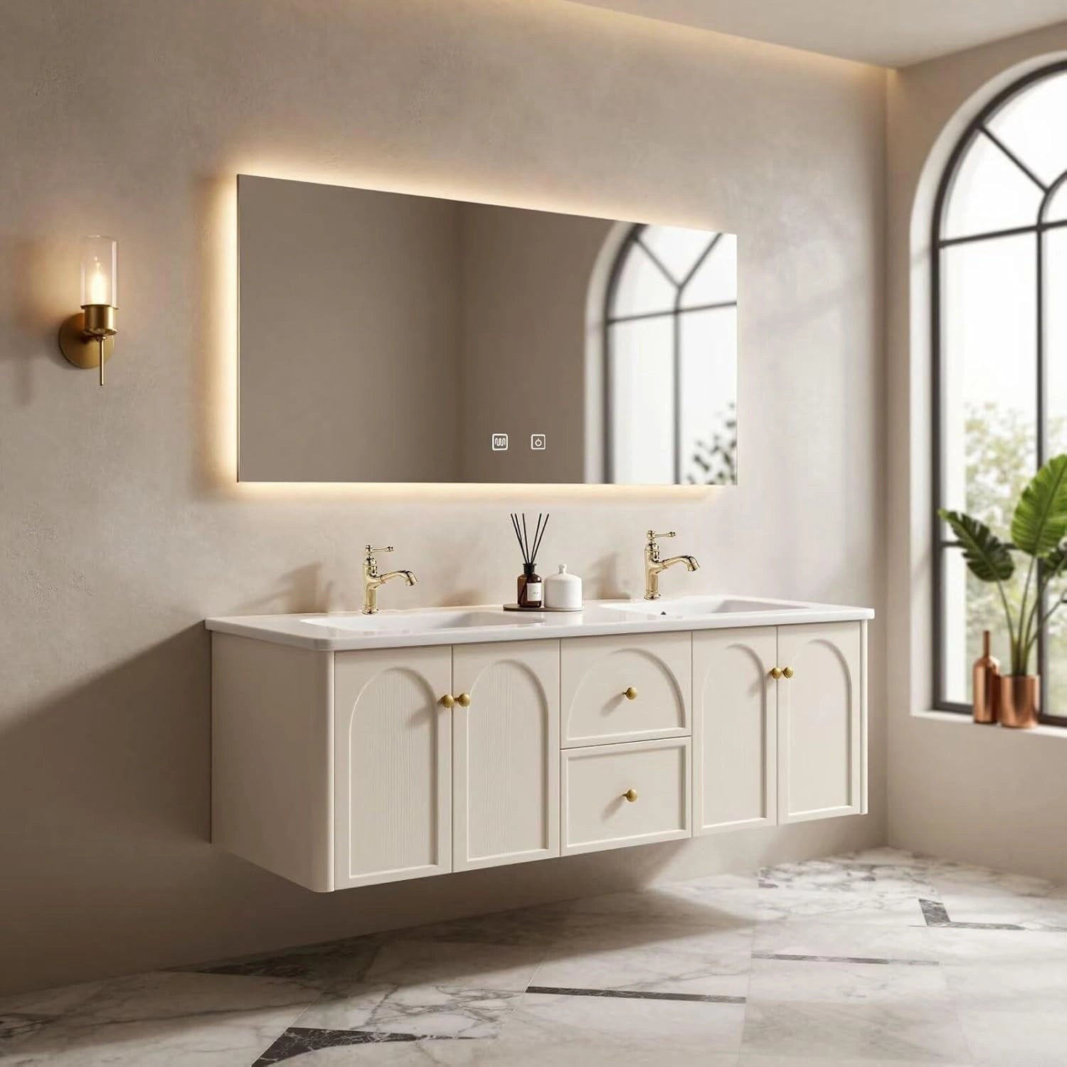 60” - 84” White Modern Bathroom Vanity with Large Storage Organizer