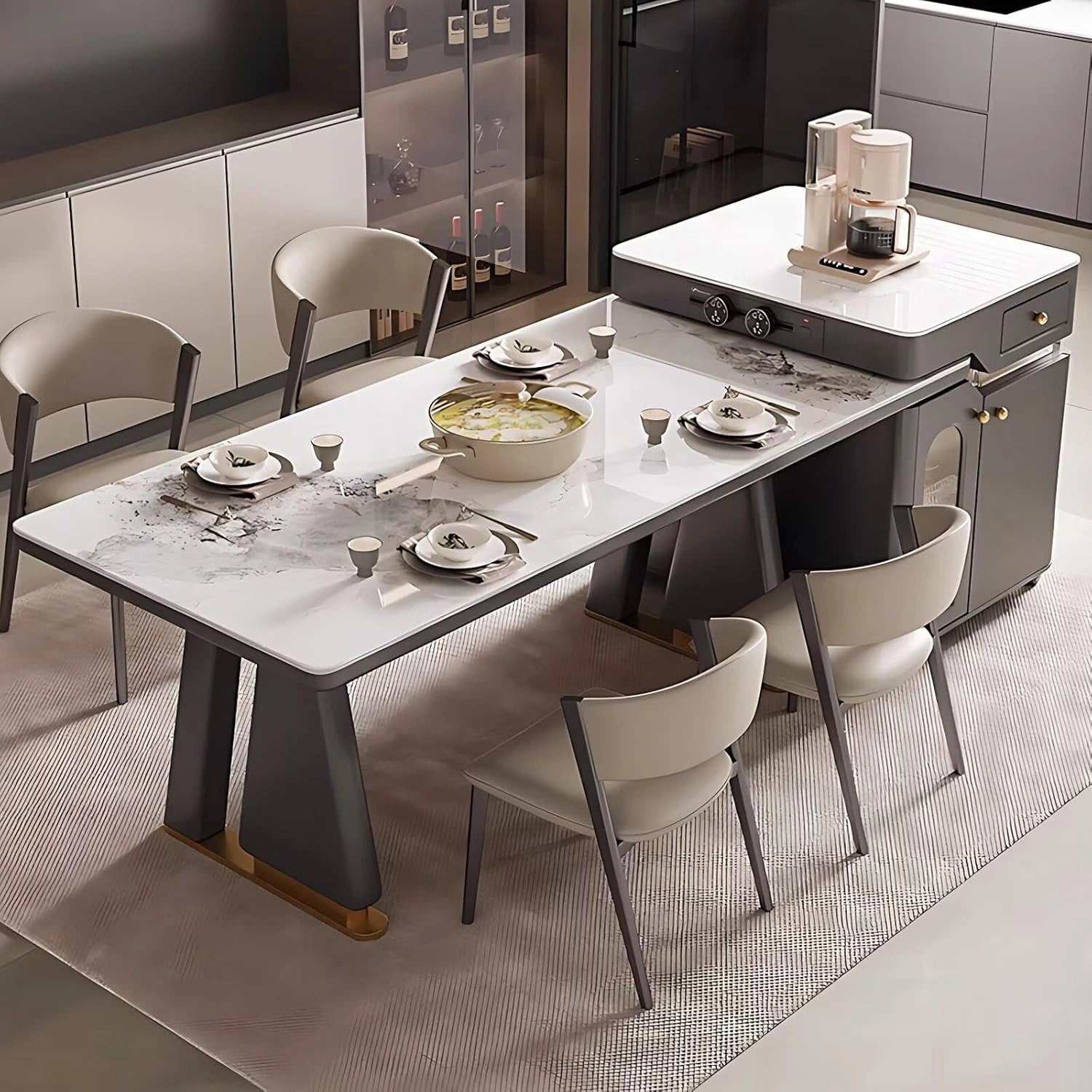91” - 98” Grey Modern Kitchen Island Includes Trapezoidal Base & Glass Cabinet Door (No Chair)