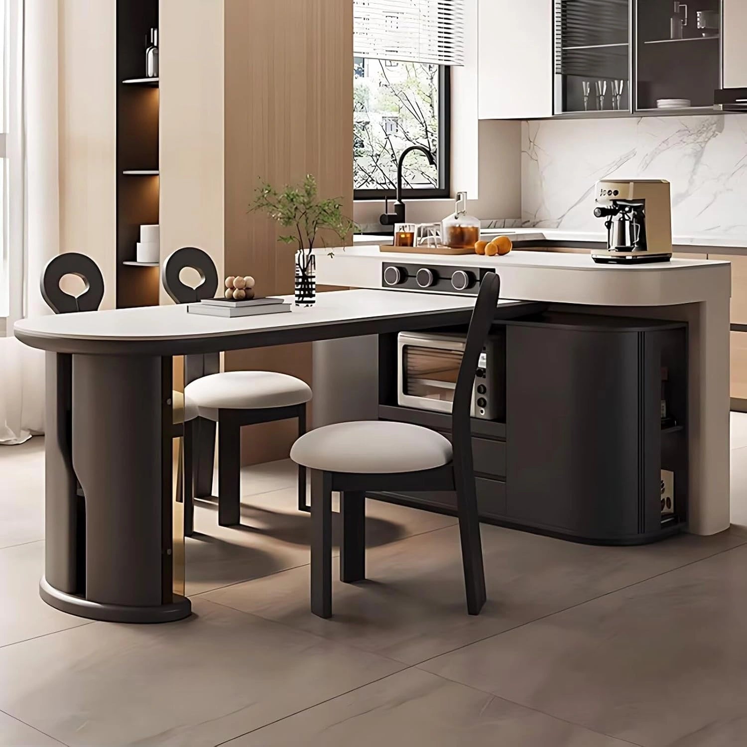 64” - 80” Black Luxury Kitchen Island with Mobile Guide Socket (No Chair)