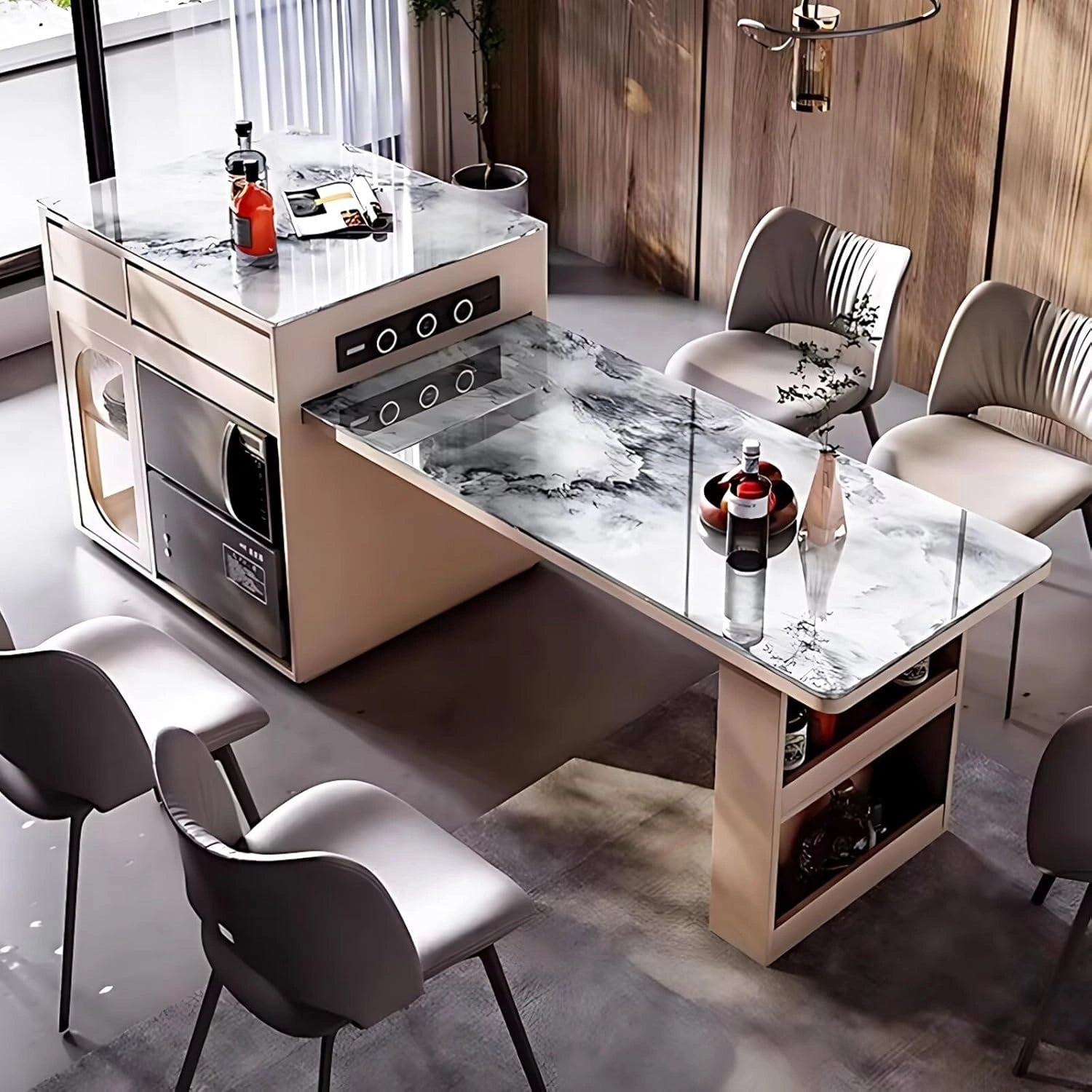 87” - 102” Grey Minimalist Kitchen Island Includes Striped Glass Cabinet (No Chair)