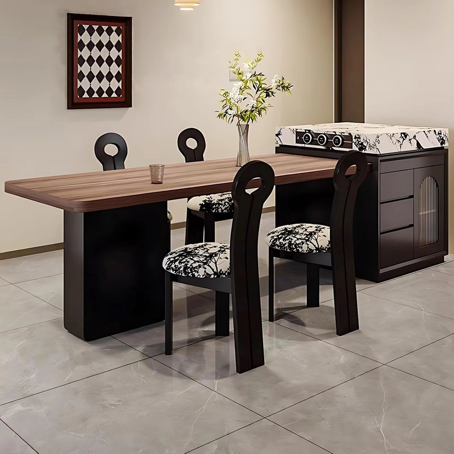 75” – 98” Black Luxury Kitchen Island Includes Unique Texture Tabletop & Glass Door Cabinet