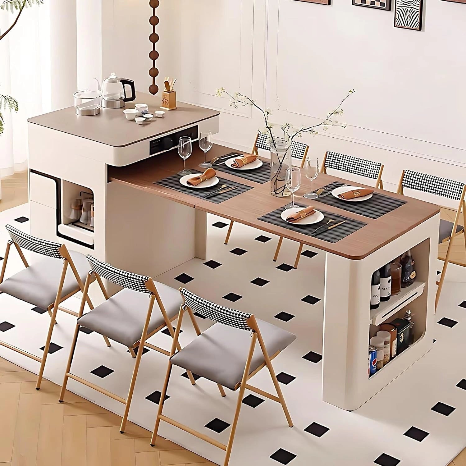 91” French Exquisite Kitchen Island Includes Open Shelf & Glass Door (No Chair)