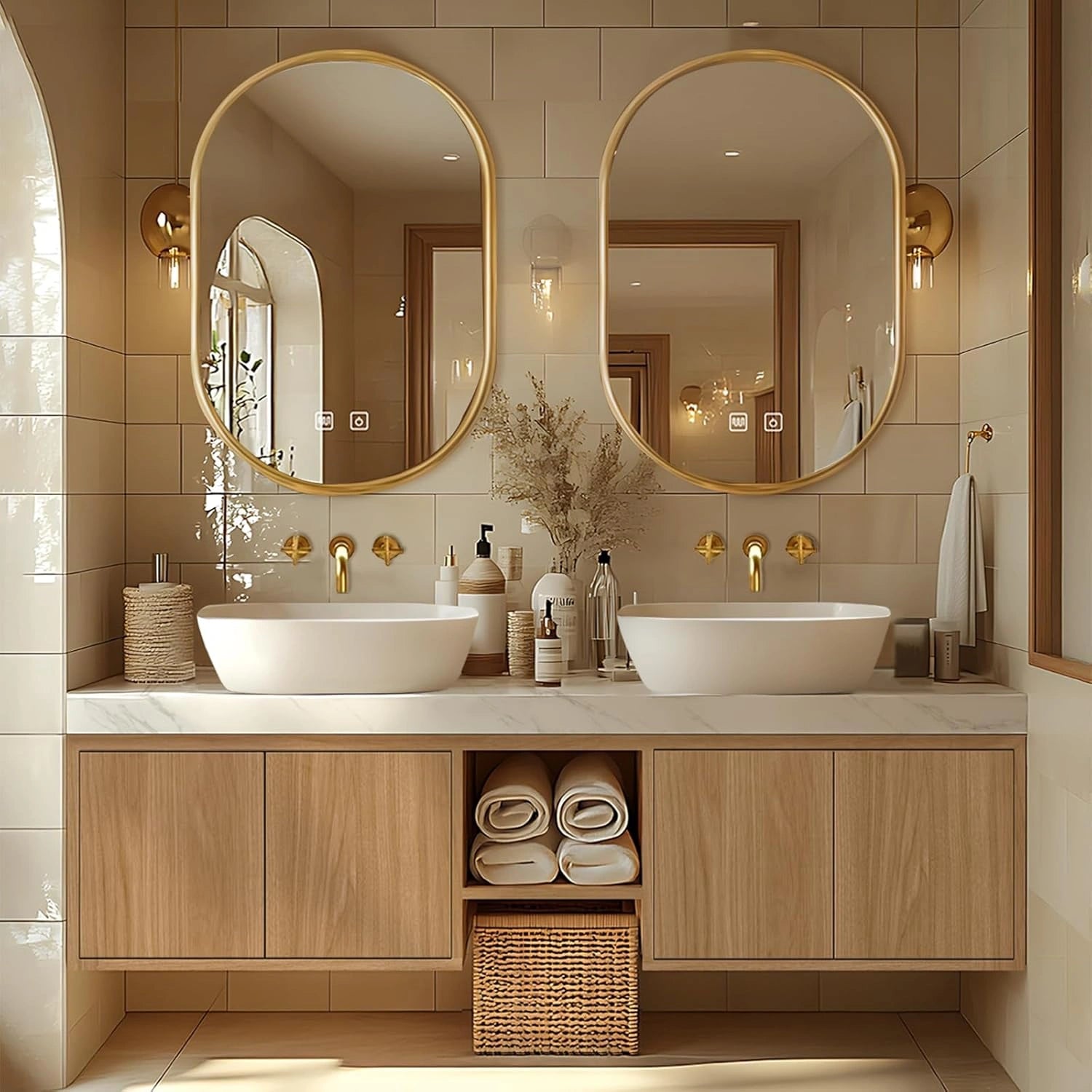 68” - 96” Simple Cozy Bathroom Vanity with Irregular Mirror & Open Storage Rack