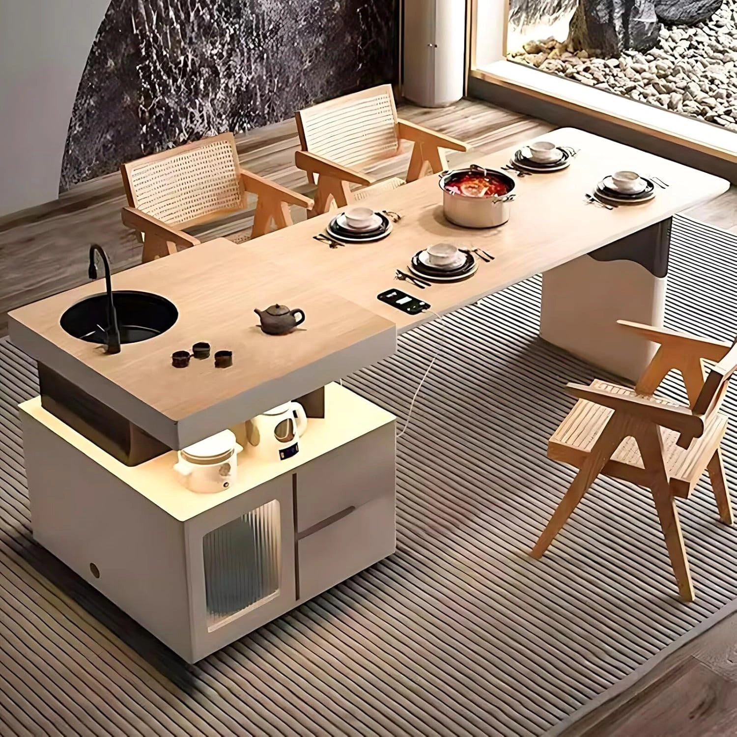 71” - 91” Flexible Kitchen Island Includes Integrated Slate Sink & Retractable Table (No Chair)