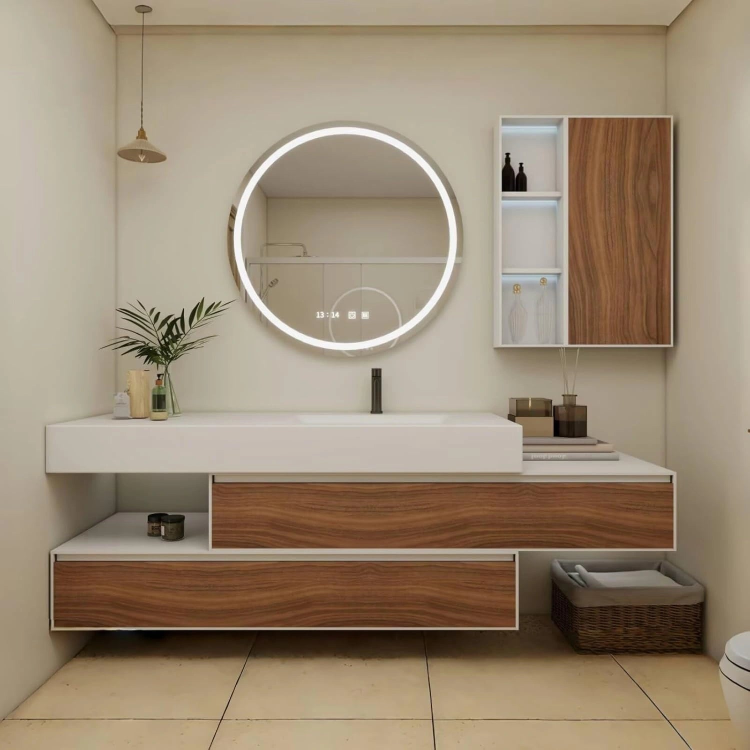 60” - 68” Unique Floating Bathroom Vanity with Mirror Side Cabinet