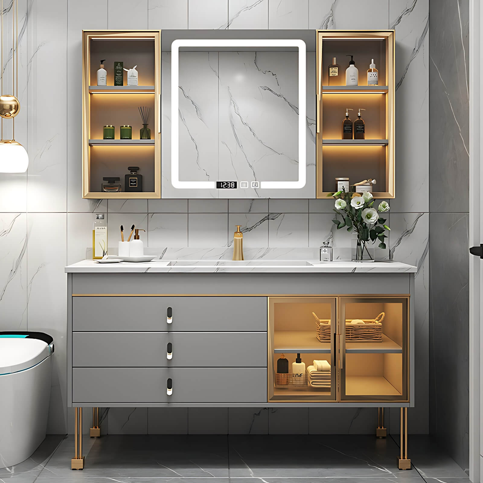 36"- 48" Bathroom Vanity with Sink Intelligent Induction Lighting and Multi-Layered Cabinet