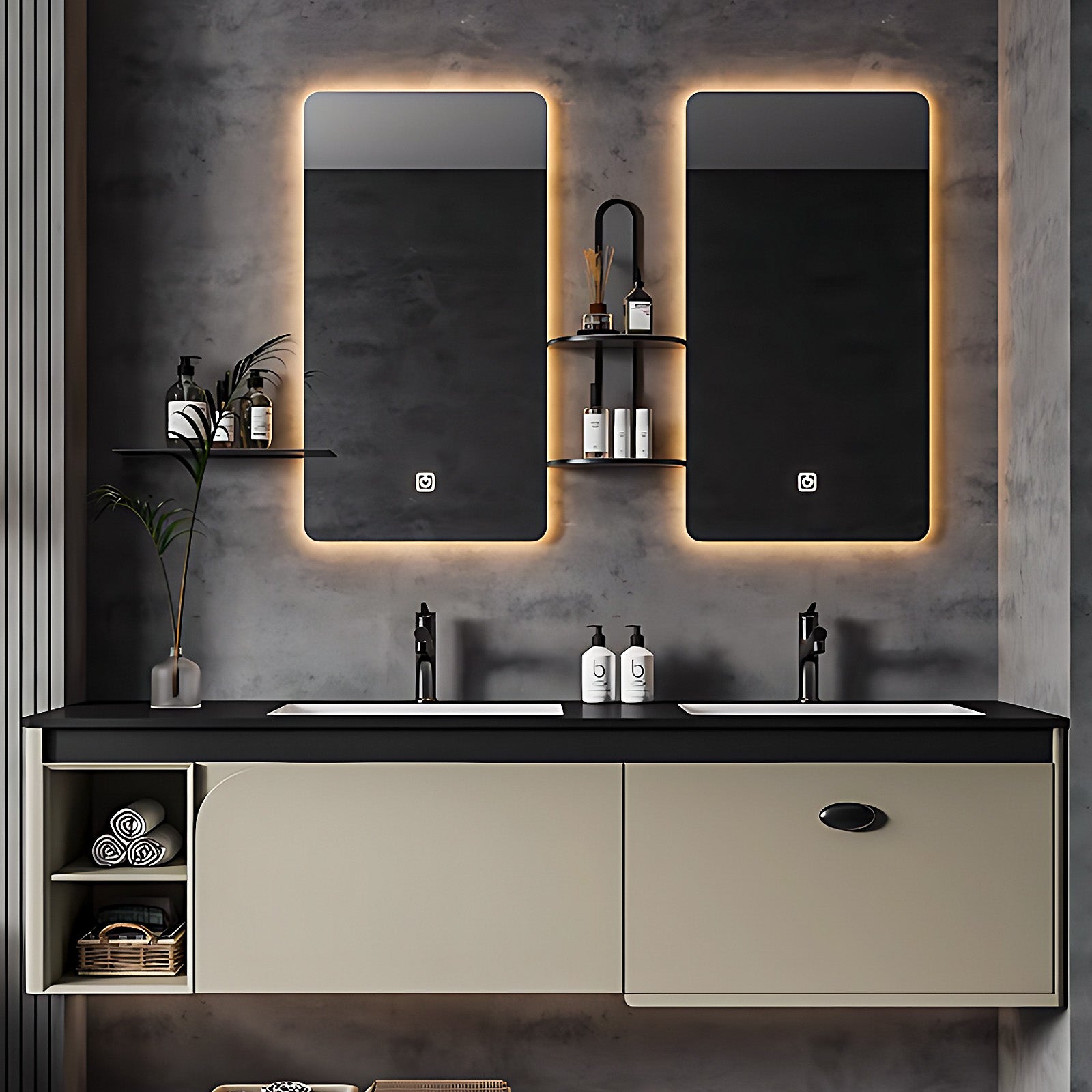 56"- 78" Floating Double Ceramic Sink And LED Lighting Smart Mirror