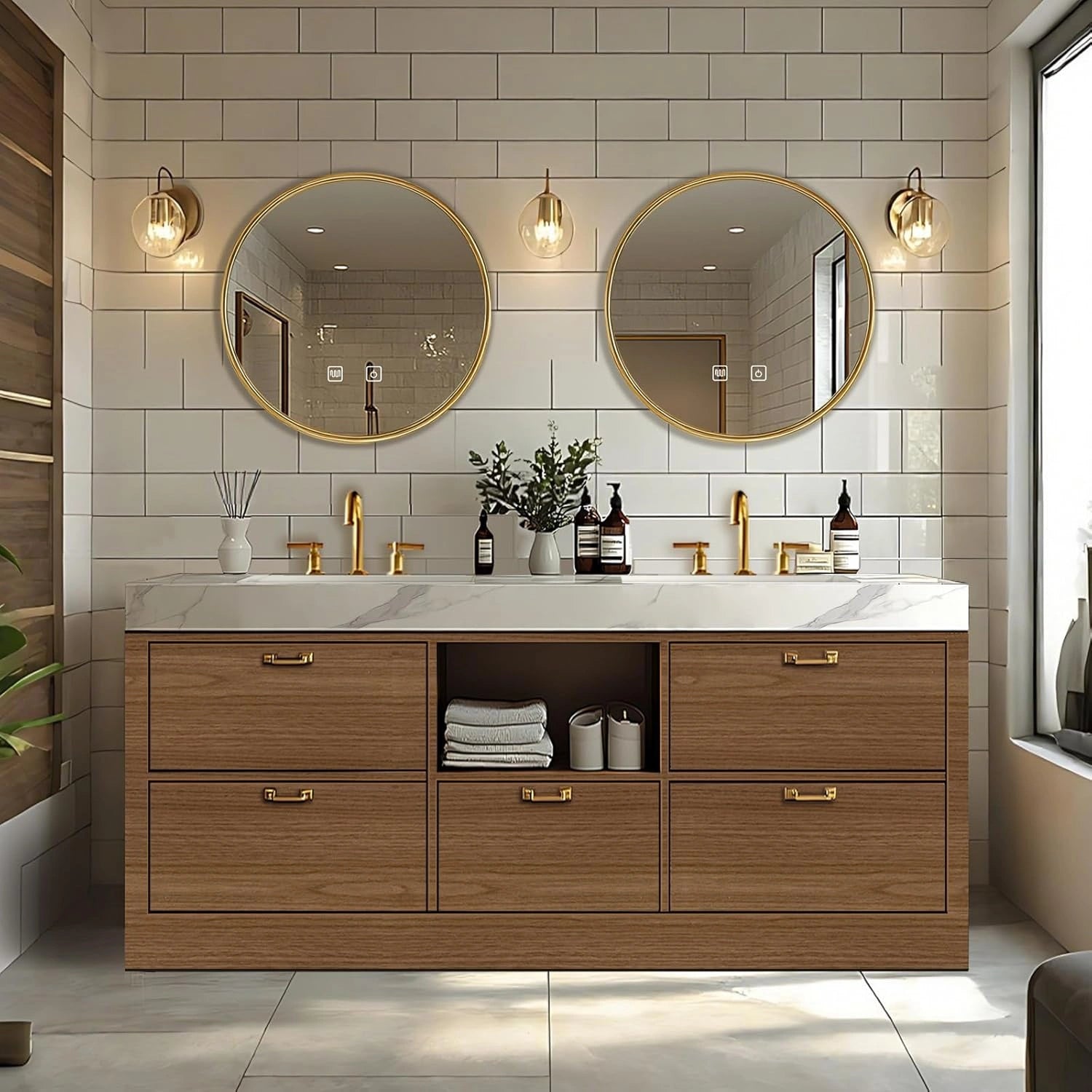 68” – 96“ Simple Freestanding Bathroom Vanity with Rock Slab Integrated Sinks