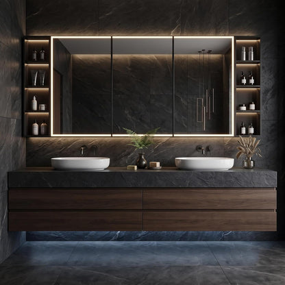 52''-110'' Floating Bathroom Vanity with Double Sinks Includes Wood Finish Sintered Stone