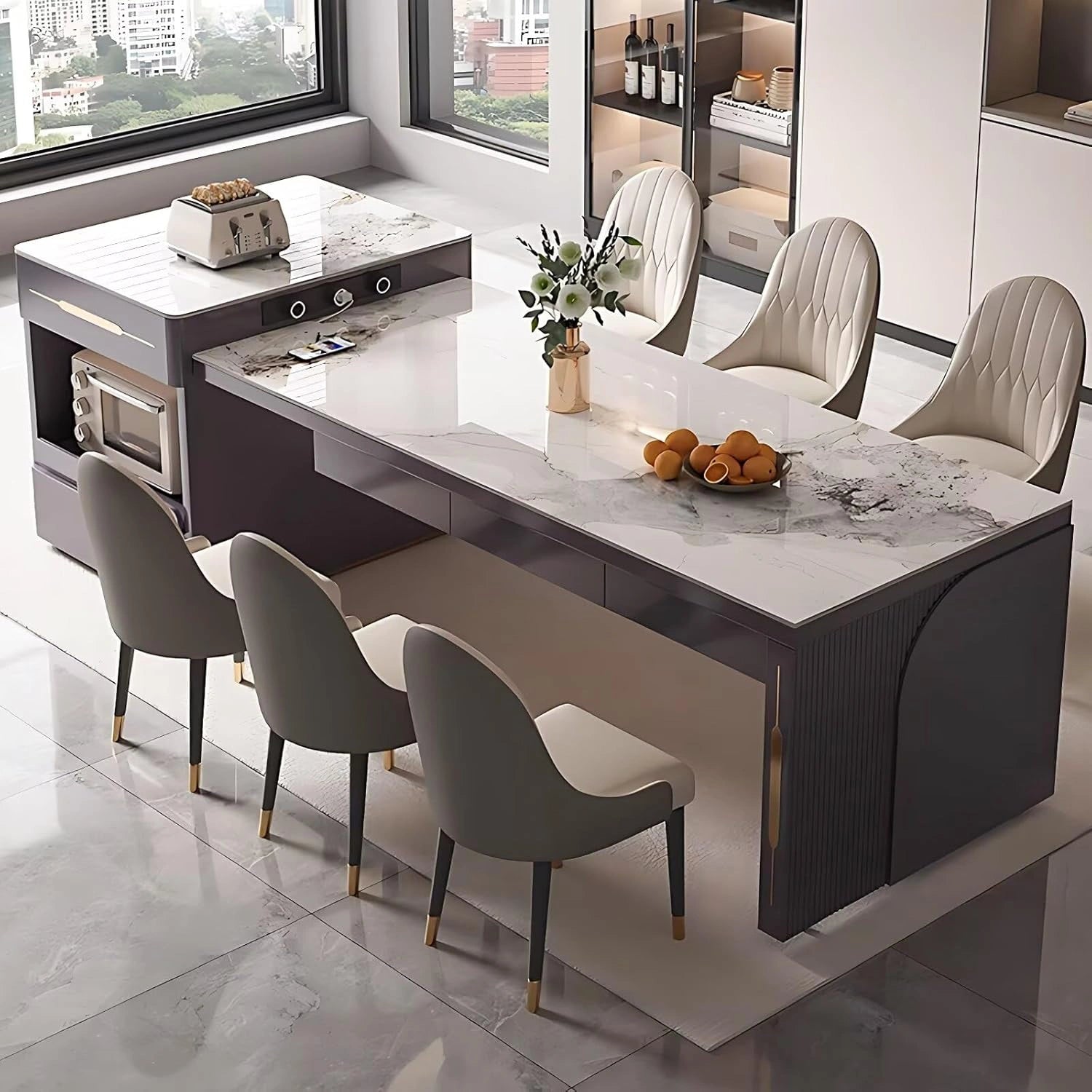 87” Retractable Grey Kitchen Island Includes Drawer Under Tabletop (No Chair)