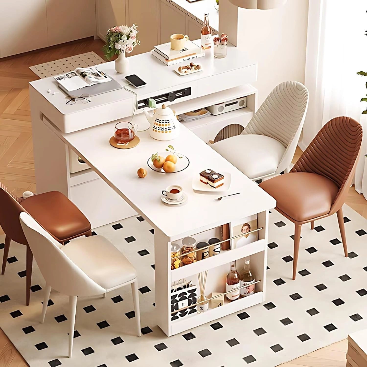 47” - 63” Elegant White Kitchen Island Includes Open Shelf & Glass Door (No Chair)