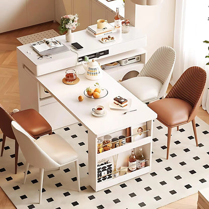 47” - 63” Elegant White Kitchen Island Includes Open Shelf & Glass Door (No Chair)