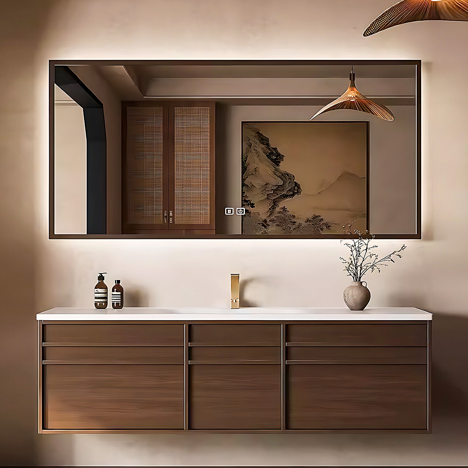 52"-68" Brown bath vanity with big smart mirror cabinet solid wood