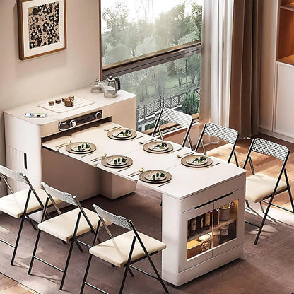 White Minimalist Kitchen Island with Foldable Cabinets & Visual Storage (6 Chairs)