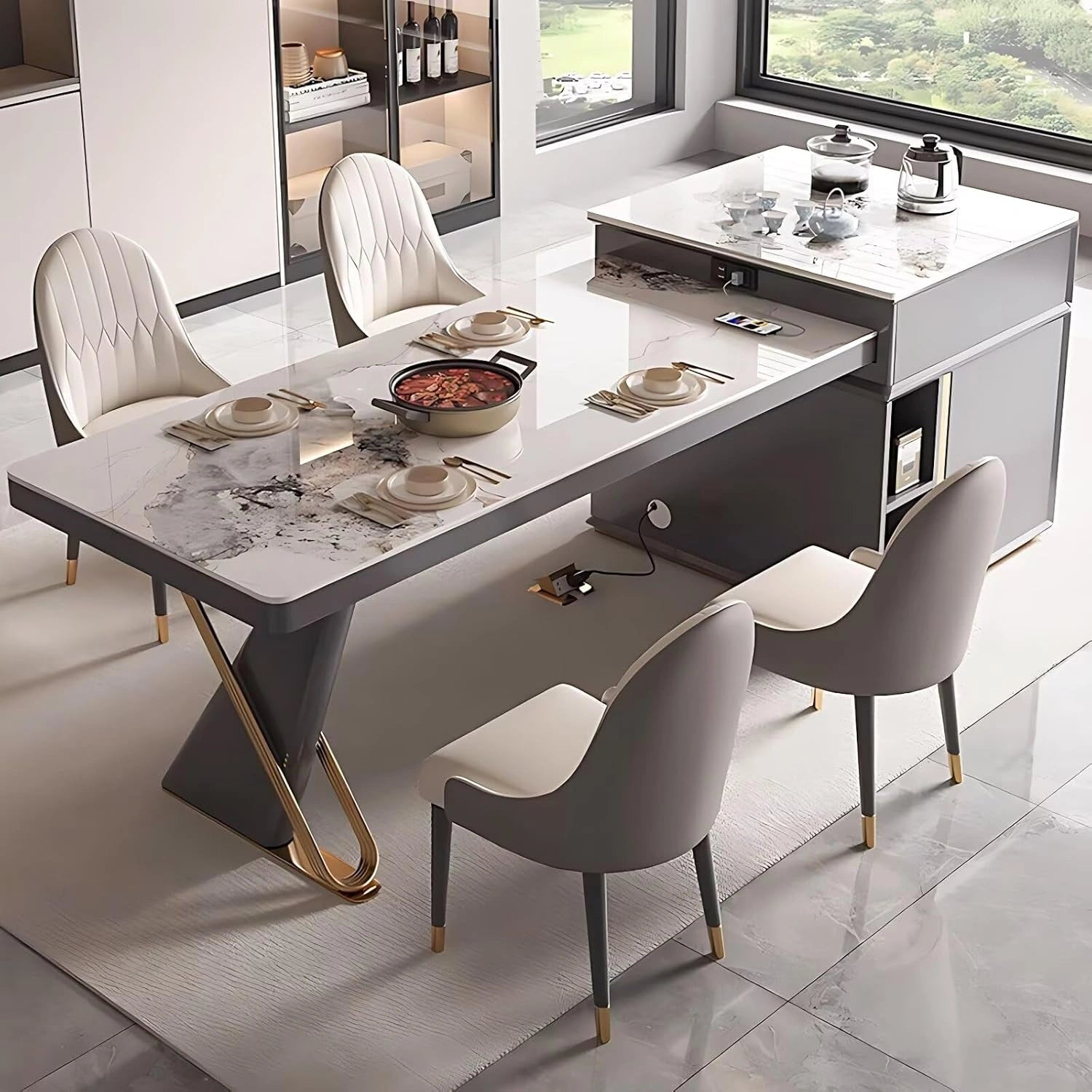 63” - 95” Practical Modern Kitchen Island with Large Storage Space & Trapezoidal Base (No Chair)