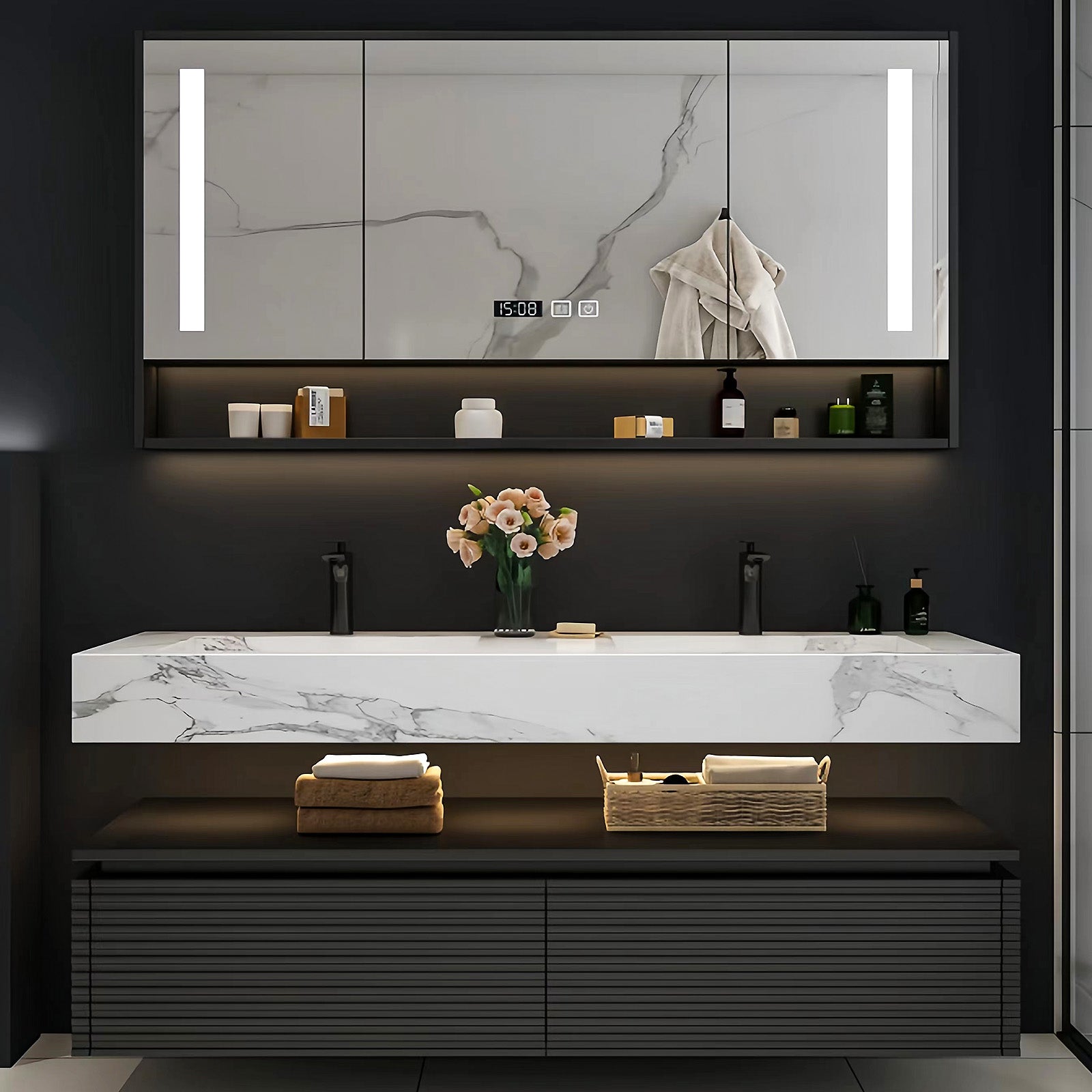 52"- 78"  Floating Vanity Double Sink Open Storage and LED Smart Mirror