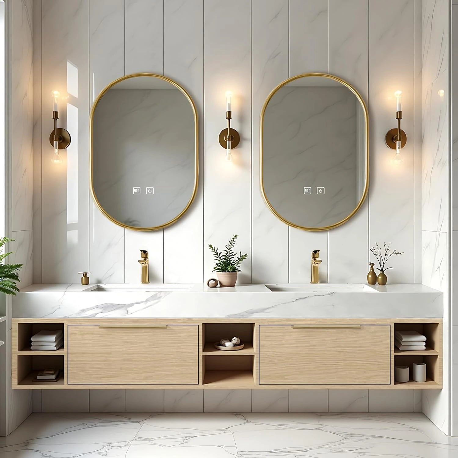 76” - 96” Cozy Elegant Bathroom Vanity with LED Smart Defogging Mirror & Open Storage Rack