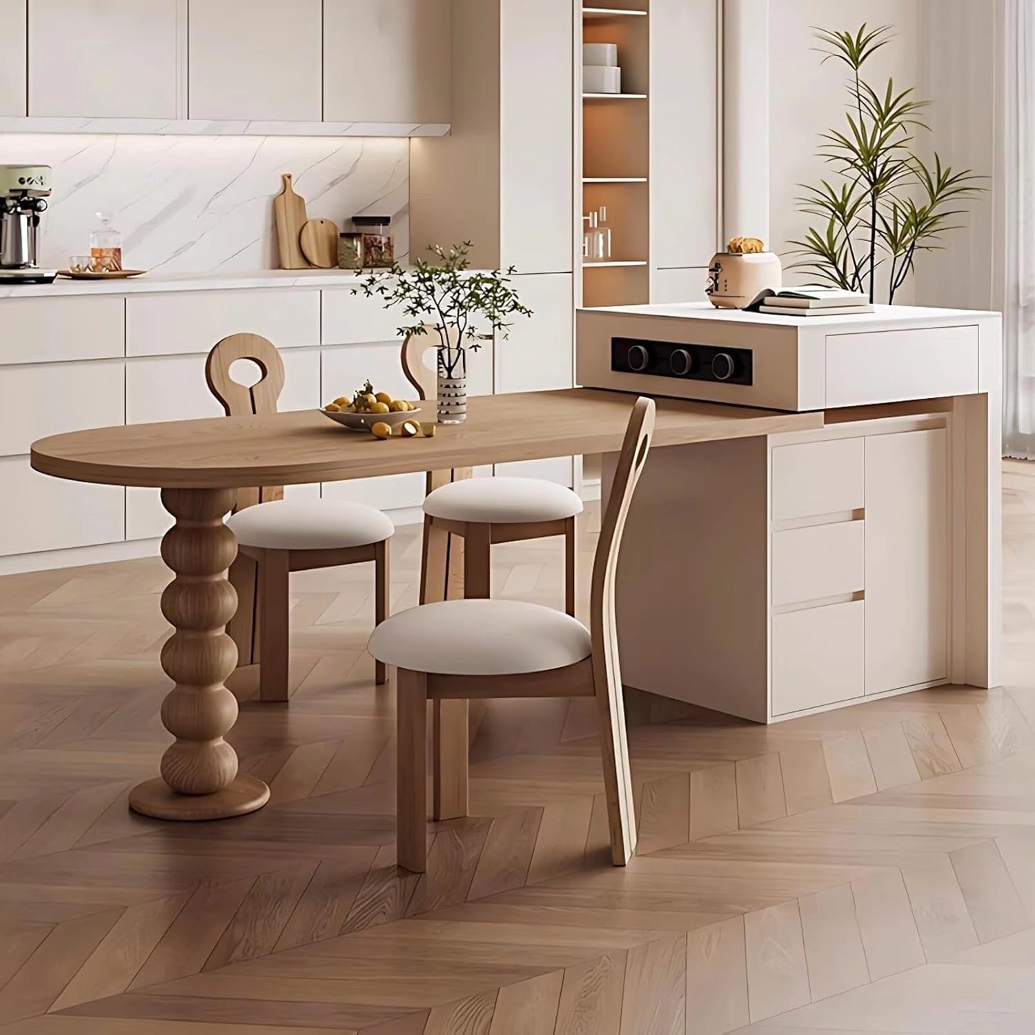 66” - 82” Modern Log Kitchen Island with Extendable Dining Table (No Chair)
