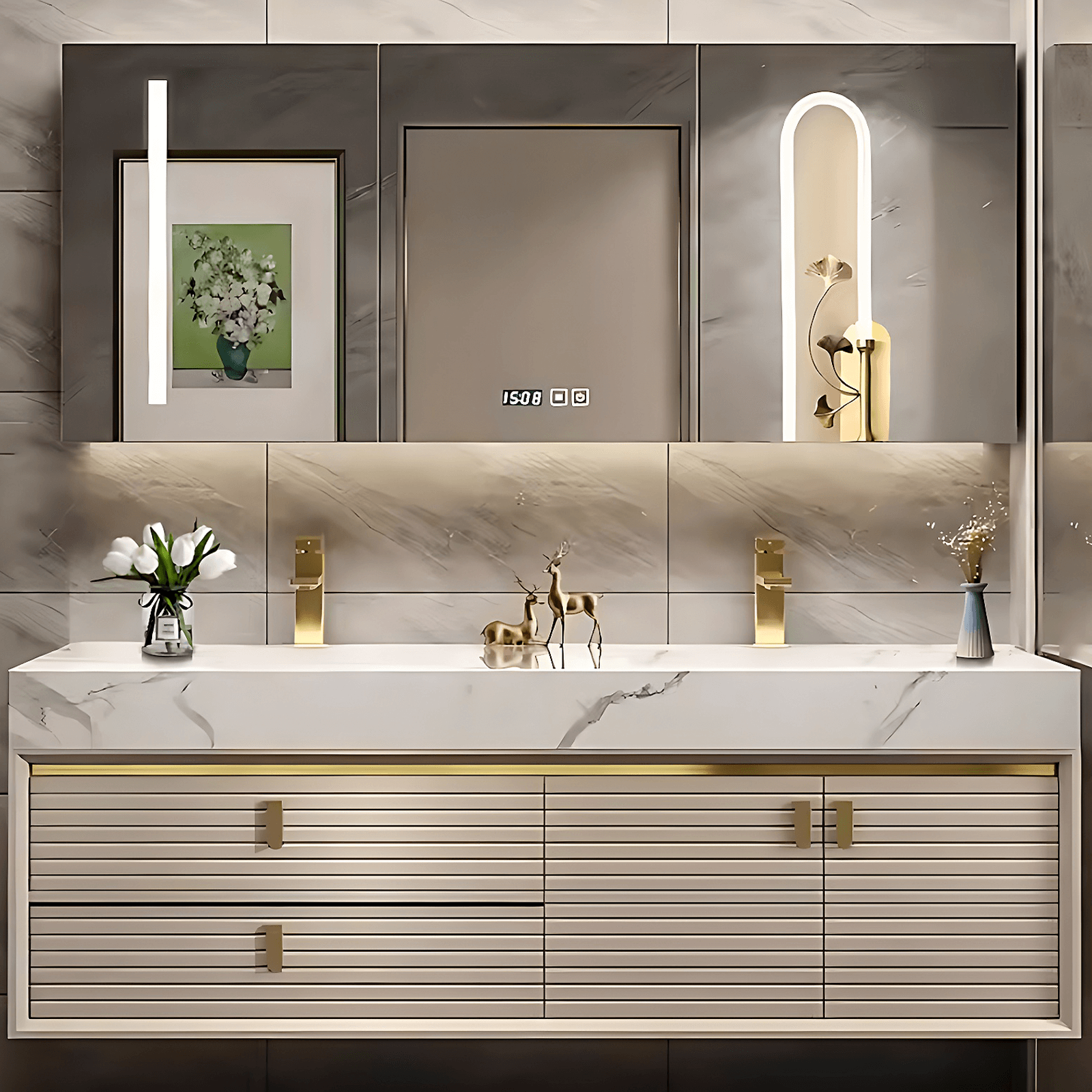 52"- 78" Double Ceramic Sink and Wall Mounted Vanity Set With Smart Led Mirror