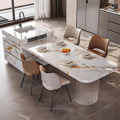 86” - 102” White Simple Kitchen Island Includes Unique Texture Design & Translucent Base (No Chair)