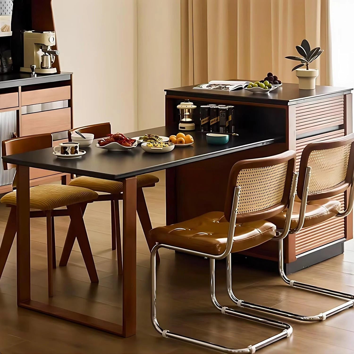 67” Elegant Cozy Kitchen Island Includes Stripe Cabinet & Embedded Socket (No Chair)