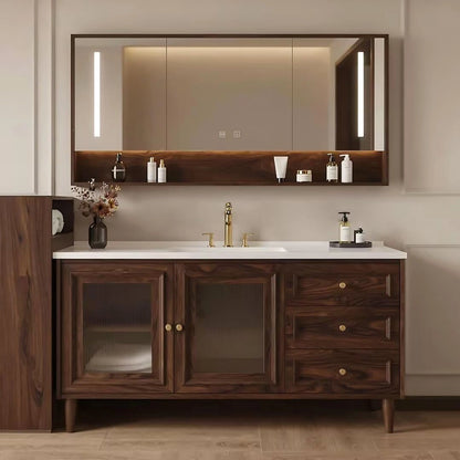 40” - 64” Vintage Bathroom Vanity Includes Striped Glass Door & Open Shelving