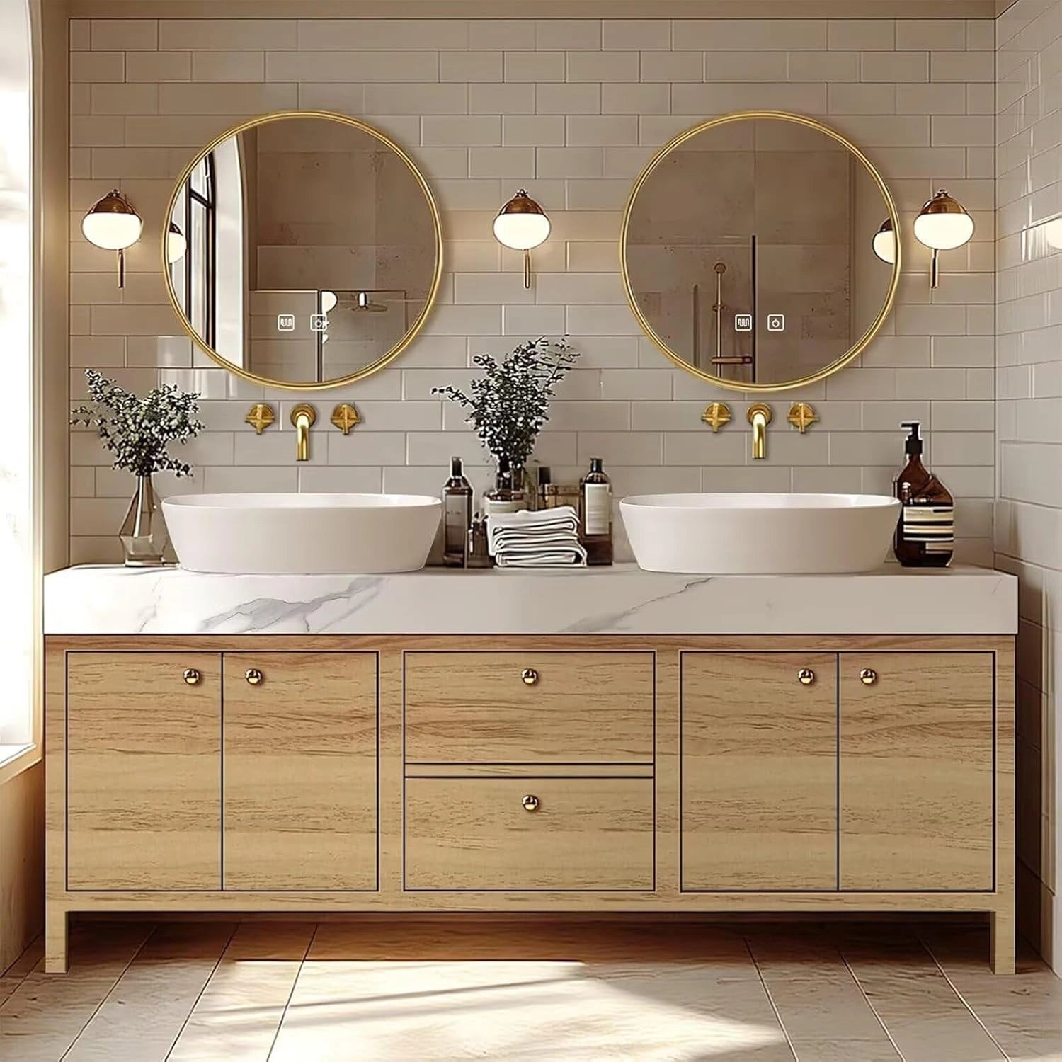 72” - 96” Modern French Bathroom Vanity Includes Round Defog Mirrors